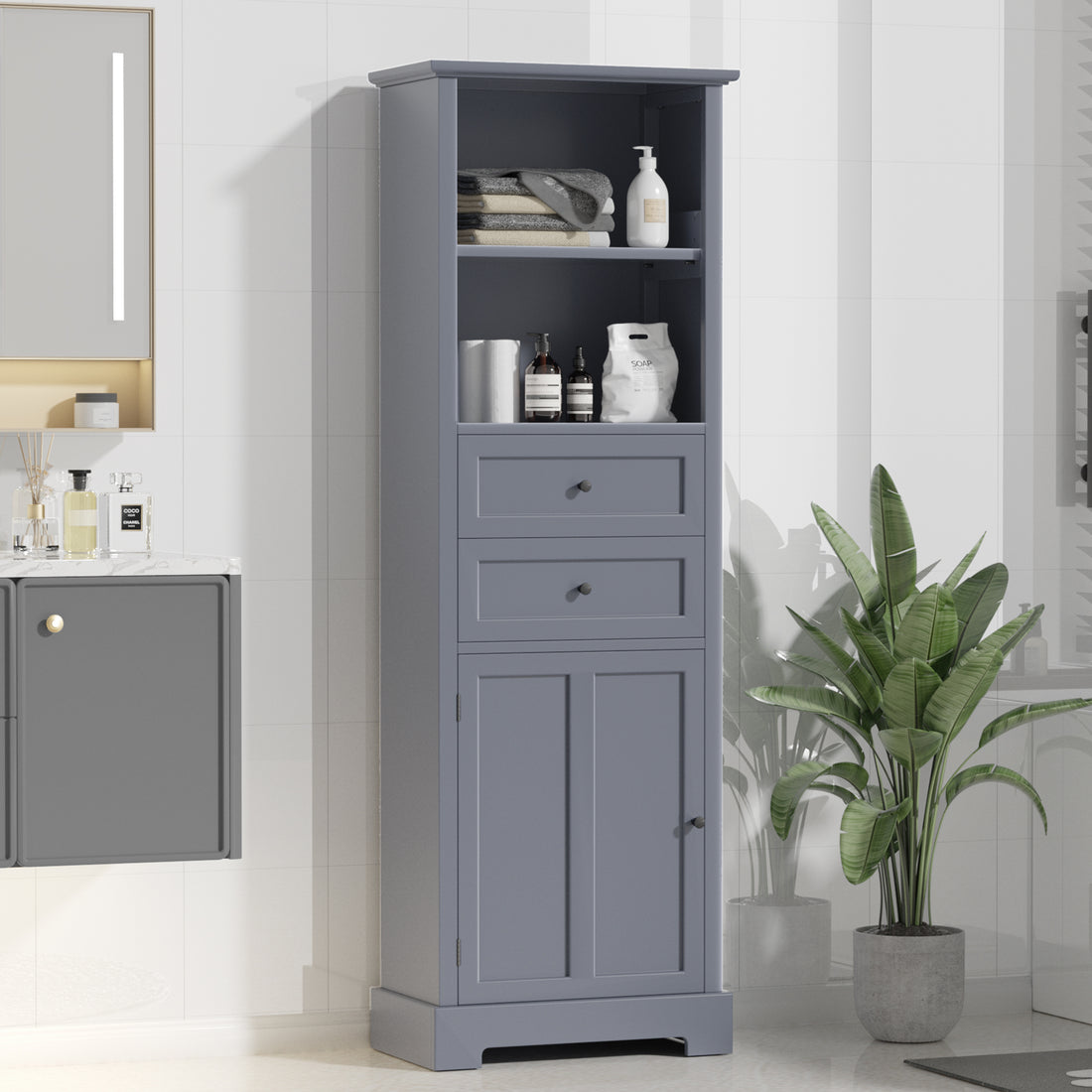 Bathroom Storage Cabinet, Tall Storage Cabinet With Two Drawers, Open Storage, Adjustable Shelf, Grey Grey Mdf