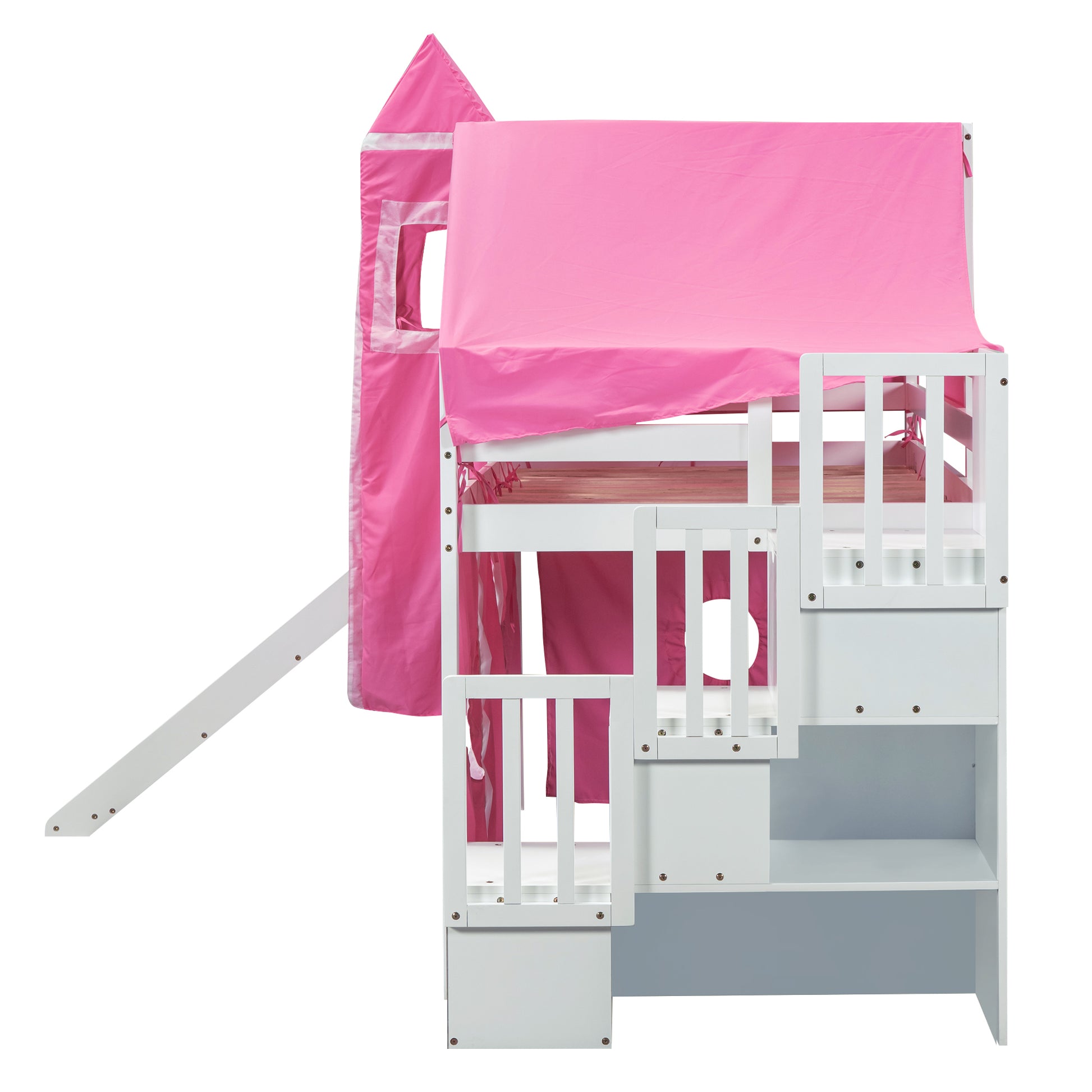 Twin Size Loft Bed With Tent And Tower Pink Pink Solid Wood