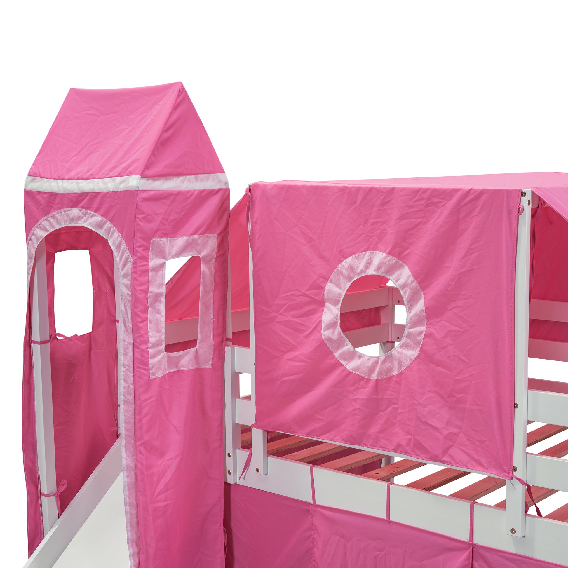 Full Size Loft Bed With Tent And Tower Pink Pink Solid Wood