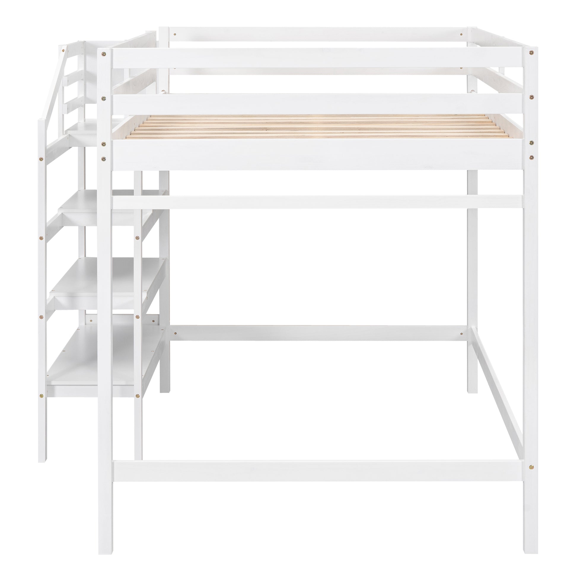 Full Size Loft Bed With Built In Storage Staircase And Hanger For Clothes, White Box Spring Not Required Full White Wood Bedroom Pine