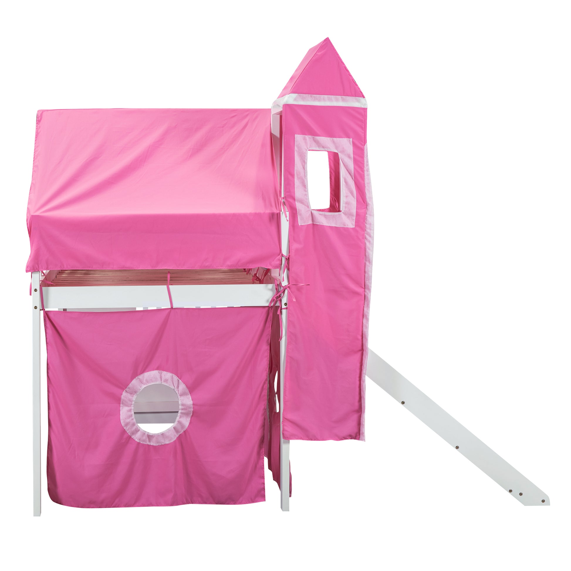 Twin Size Loft Bed With Tent And Tower Pink Pink Solid Wood