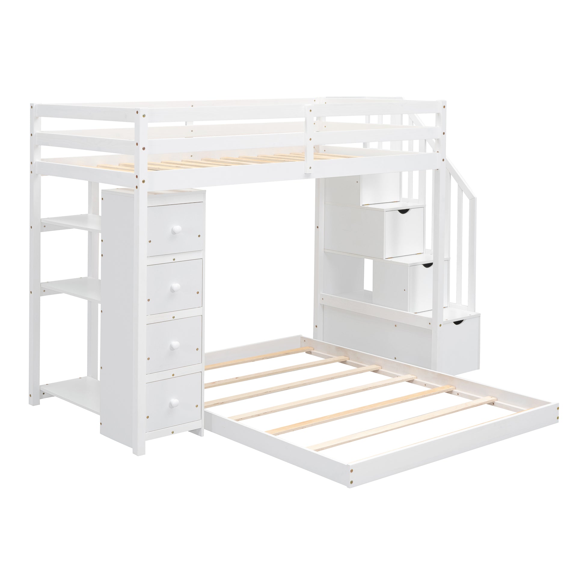 Twin Over Full Bunk Bed With 3 Layer Shelves, Drawers And Storage Stairs, White White Solid Wood Mdf