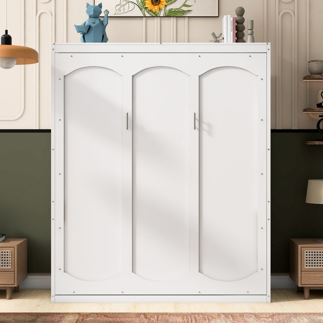 Queen Size Murphy Bed Wall Bed With Shelves,White White Solid Wood Mdf