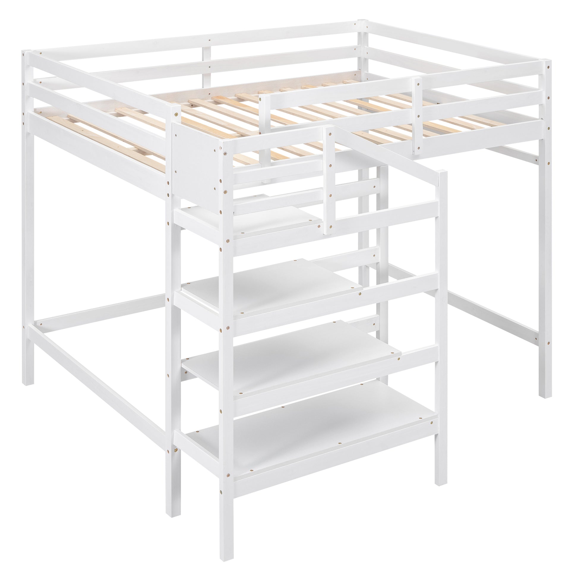Full Size Loft Bed With Built In Storage Staircase And Hanger For Clothes, White Box Spring Not Required Full White Wood Bedroom Pine
