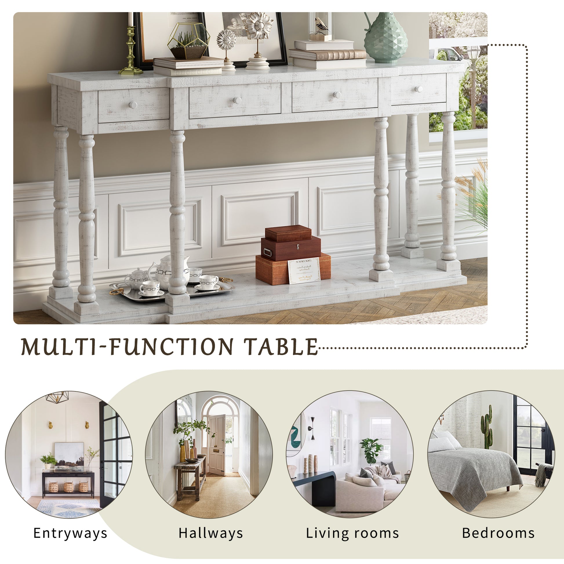 Retro Senior Console Table For Hallway Living Room Bedroom With 4 Front Facing Storage Drawers And 1 Shelf Antique White Mdf