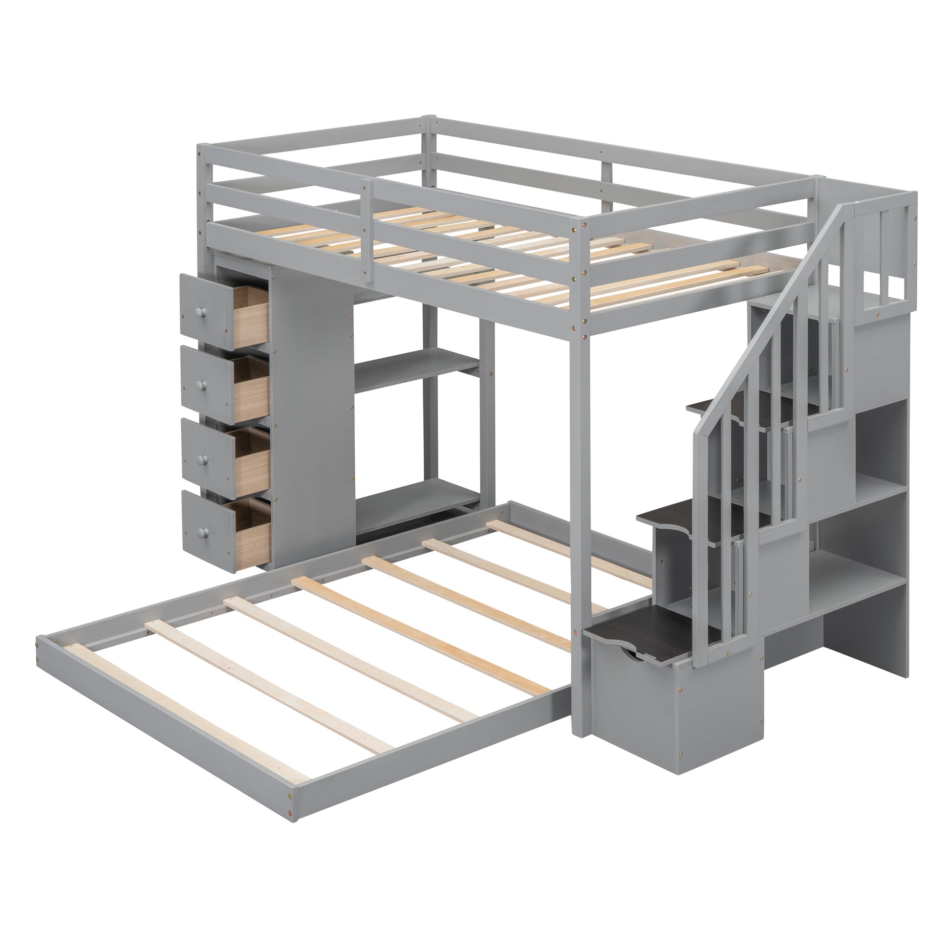 Twin Over Full Bunk Bed With 3 Layer Shelves, Drawers And Storage Stairs, Gray Gray Solid Wood Mdf