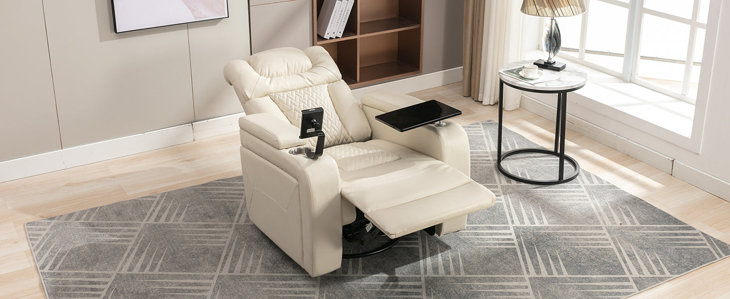 270 Degree Swivel Pu Leather Power Recliner Individual Seat Home Theater Recliner With Comforable Backrest, Tray Table, Phone Holder, Cup Holder, Usb Port, Hidden Arm Storage For Living Room, White White Foam Pu Leather