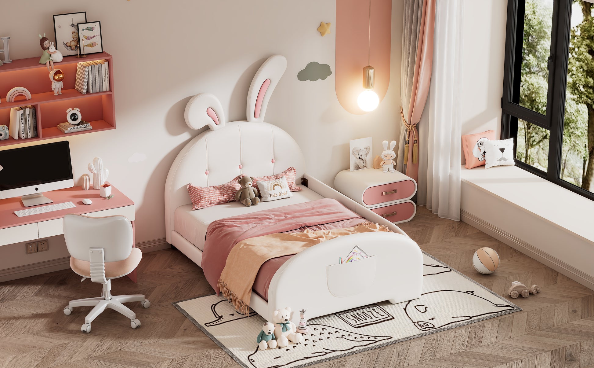 Twin Size Upholstered Rabbit Shape Princess Bed ,Twin Size Platform Bed With Headboard And Footboard,White White Pu