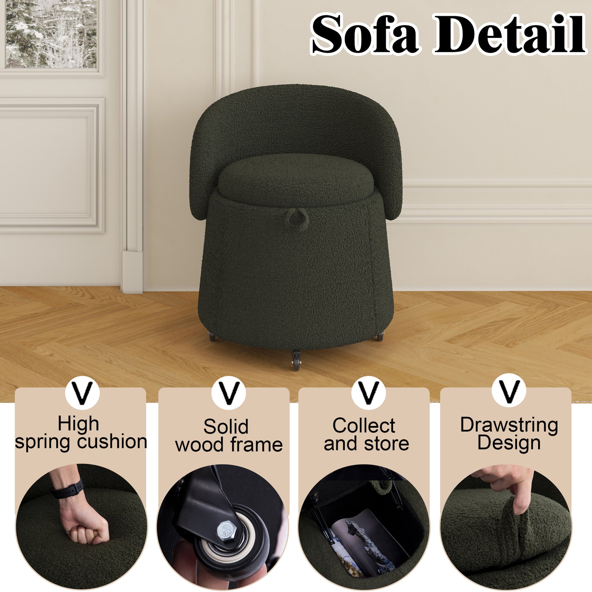 Multi Functional Stool Can Be Moved For Storage,Teddy Fleece Bedroom And Living Room Green Polyester Blend
