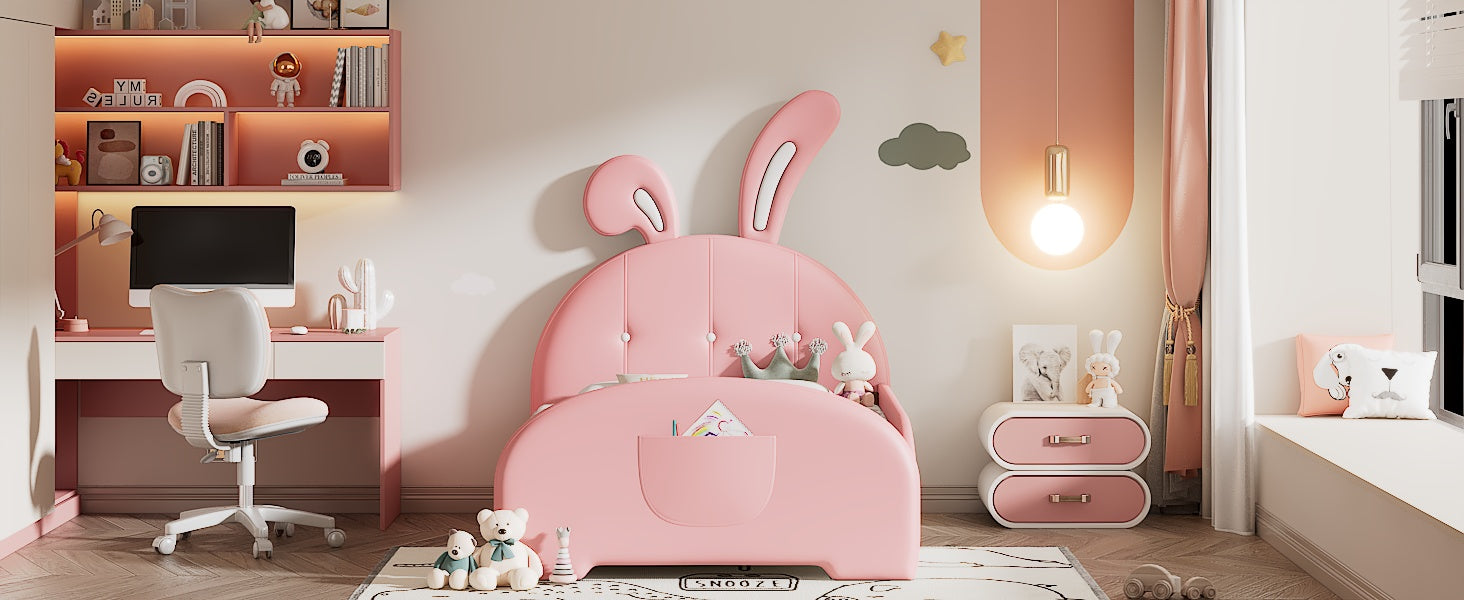 Twin Size Upholstered Rabbit Shape Princess Bed ,Twin Size Platform Bed With Headboard And Footboard,Pink Pink Pu