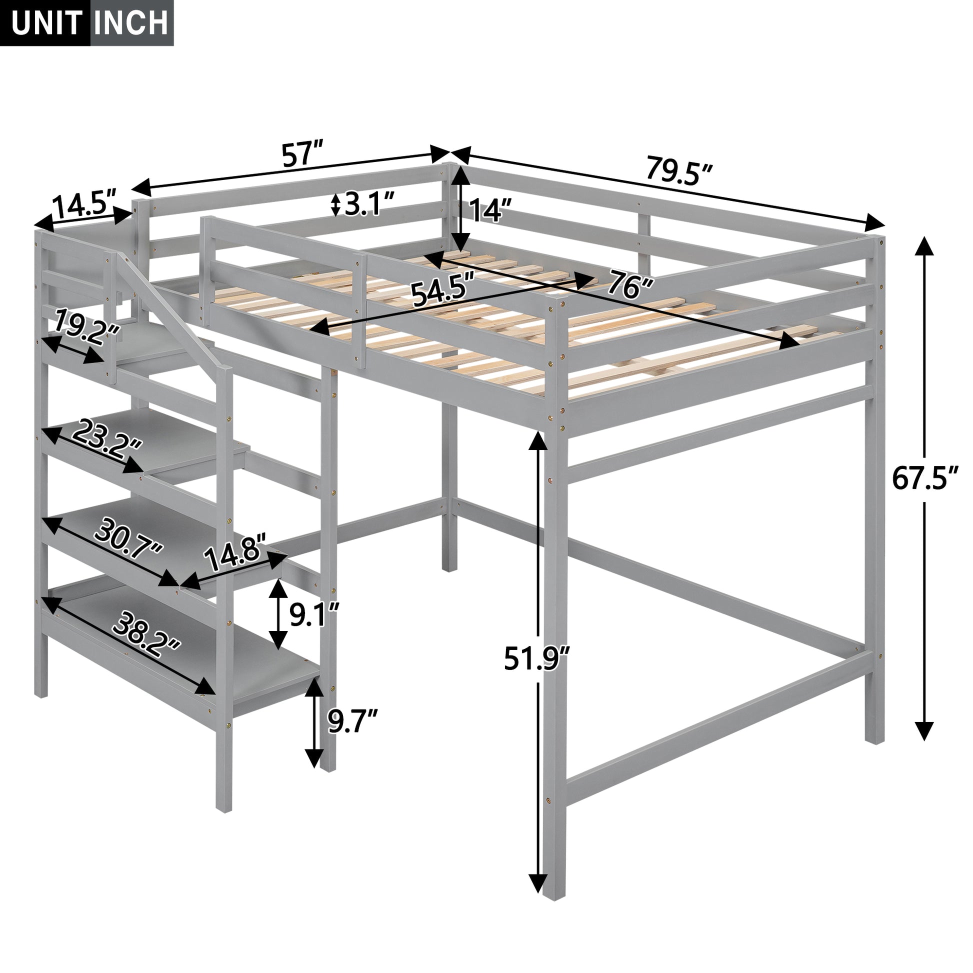 Full Size Loft Bed With Built In Storage Staircase And Hanger For Clothes, Gray Box Spring Not Required Full Gray Wood Bedroom Pine