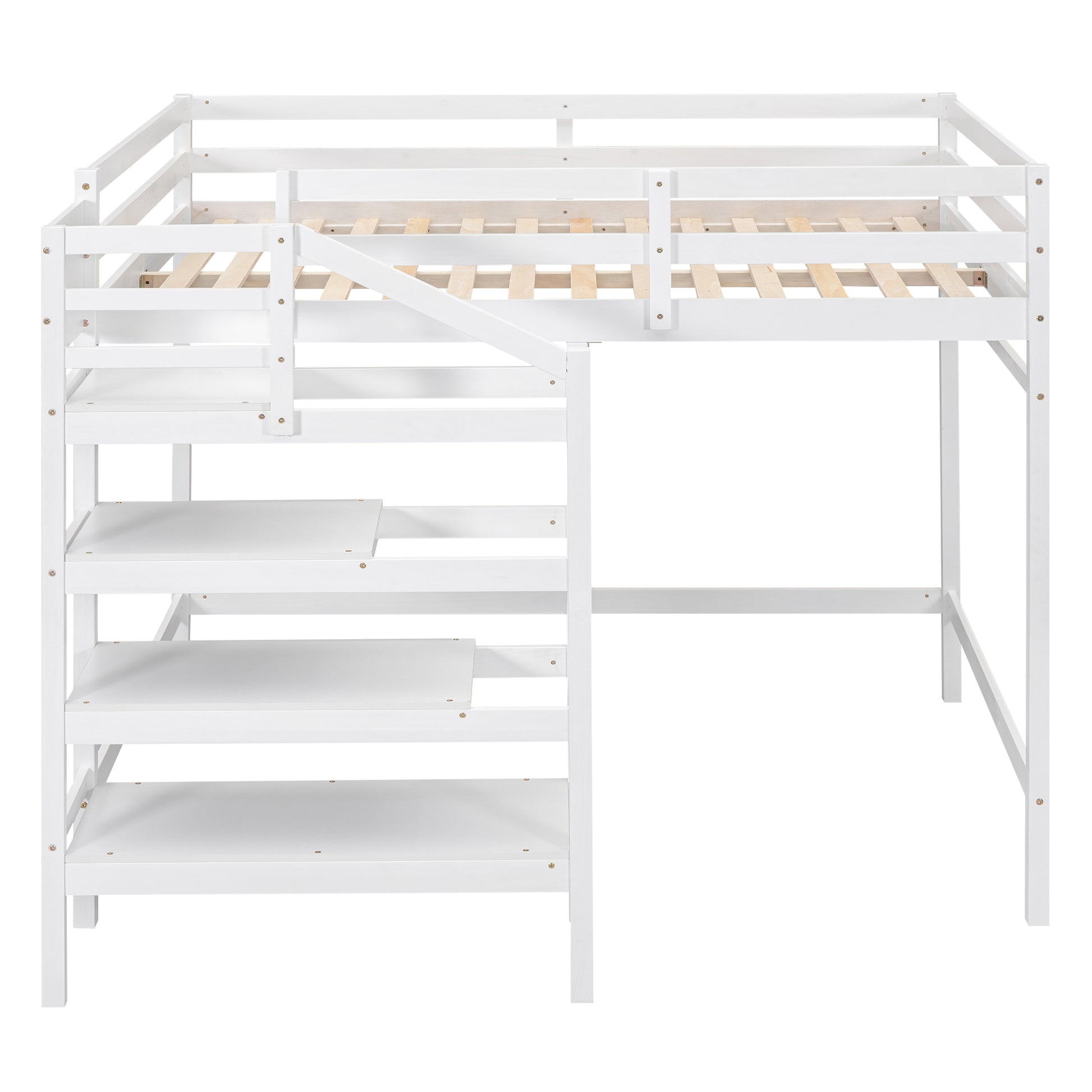 Full Size Loft Bed With Built In Storage Staircase And Hanger For Clothes, White Box Spring Not Required Full White Wood Bedroom Pine