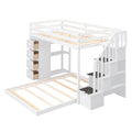 Twin Over Full Bunk Bed With 3 Layer Shelves, Drawers And Storage Stairs, White White Solid Wood Mdf