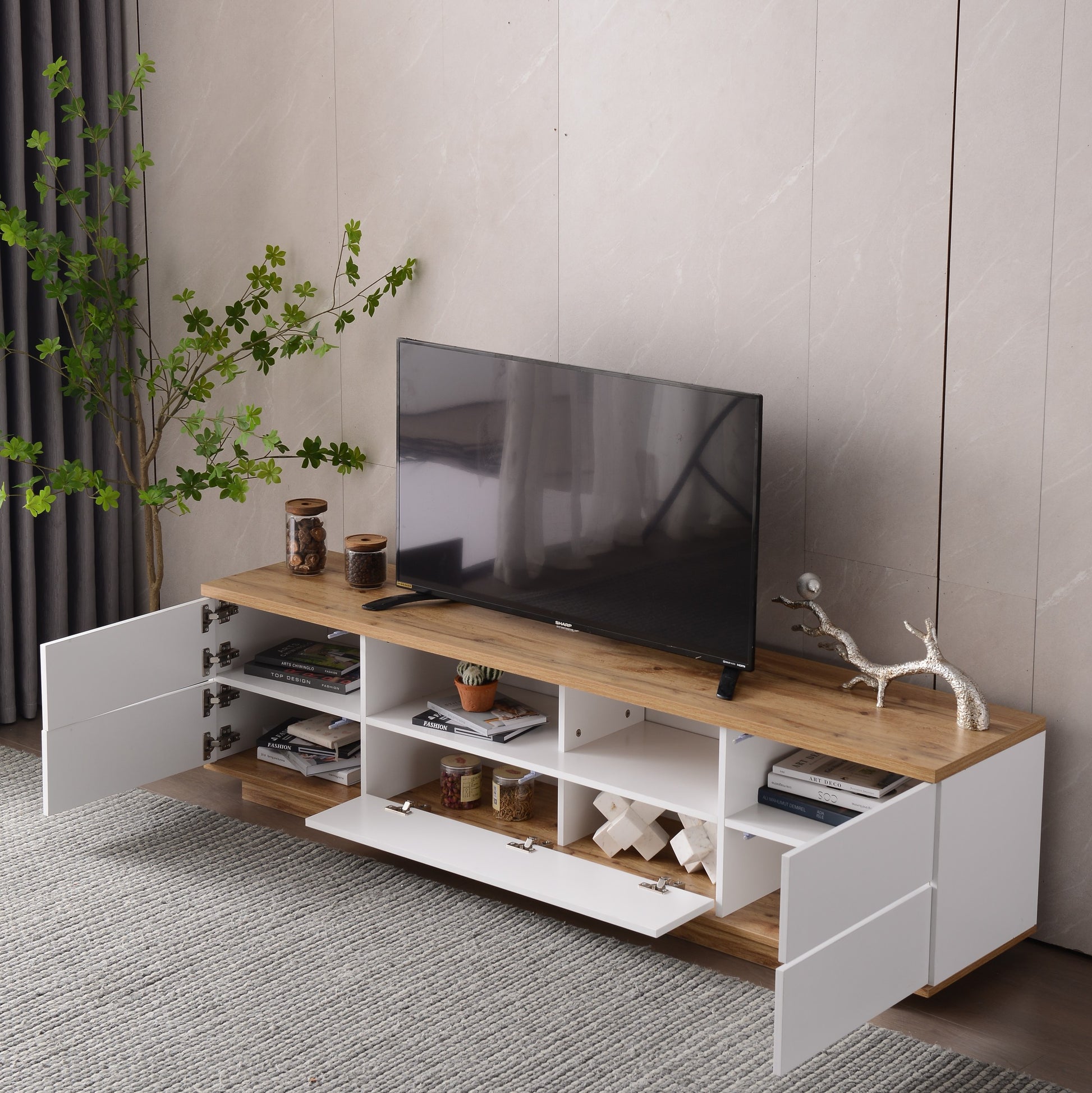 Modern Tv Stand For Tvs Up To 80''Media Console With Multi Functional Storage, Entertainment Center With Door Rebound Device, Tv Cabinet For Living Room,Bedroom White Natural Primary Living Space 70 79 Inches 70 79 Inches 75 Inches Mdf