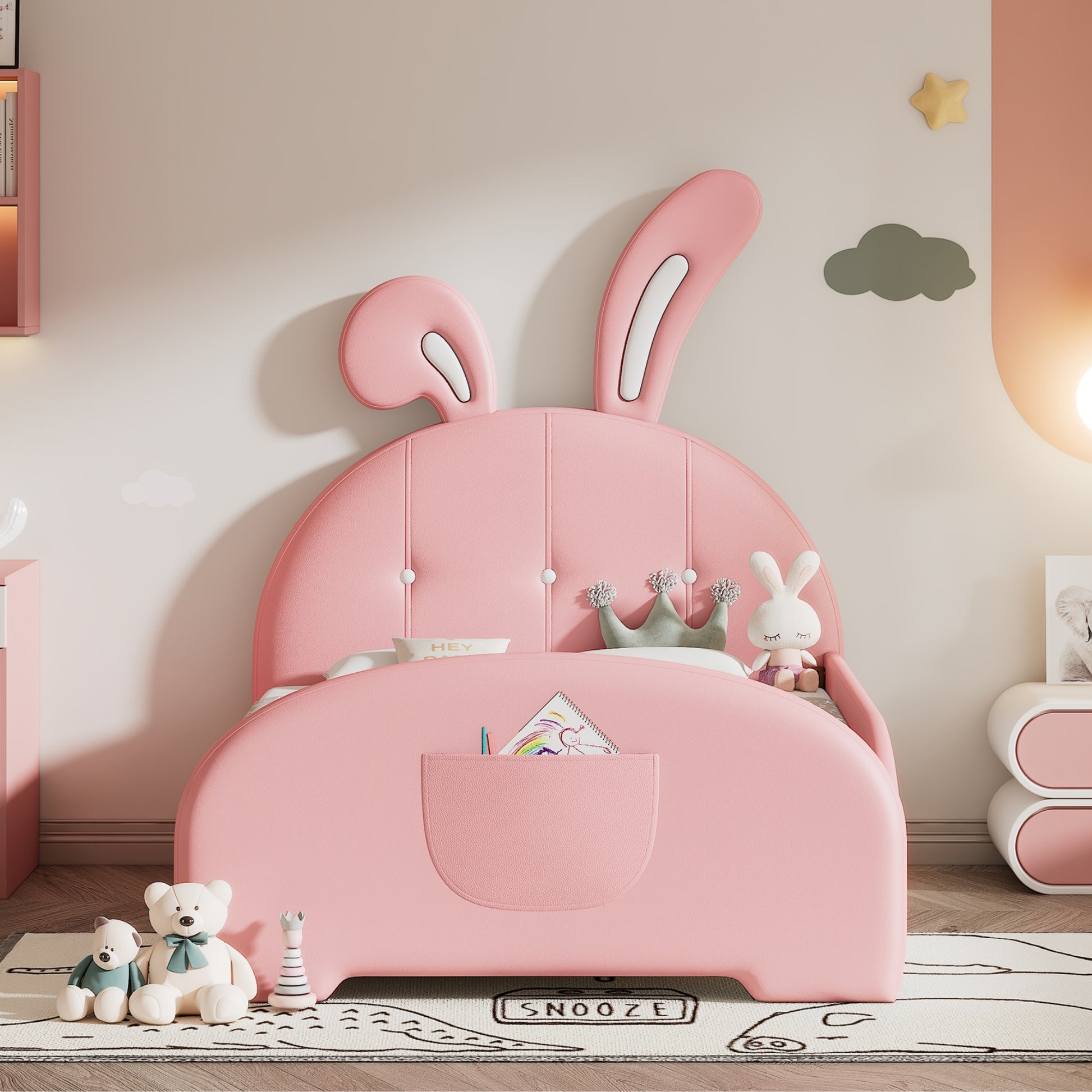 Twin Size Upholstered Rabbit Shape Princess Bed ,Twin Size Platform Bed With Headboard And Footboard,Pink Pink Pu