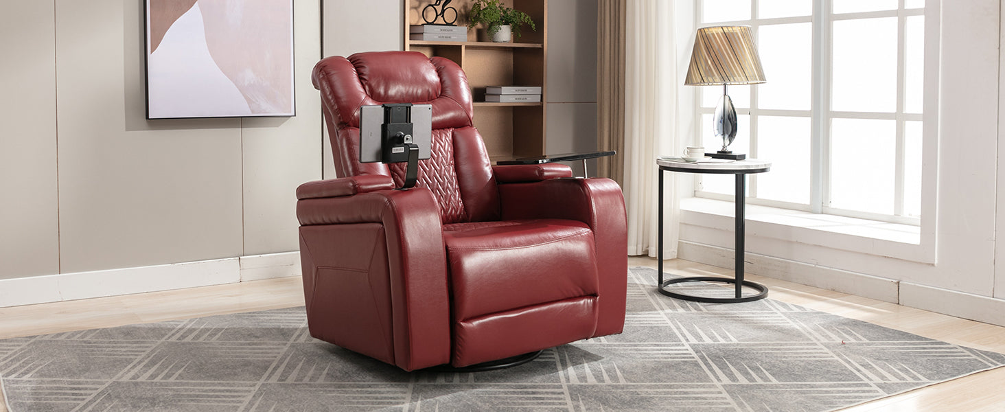 270 Degree Swivel Pu Leather Power Recliner Individual Seat Home Theater Recliner With Comforable Backrest, Tray Table, Phone Holder, Cup Holder, Usb Port, Hidden Arm Storage For Living Room, Red Red Foam Pu Leather