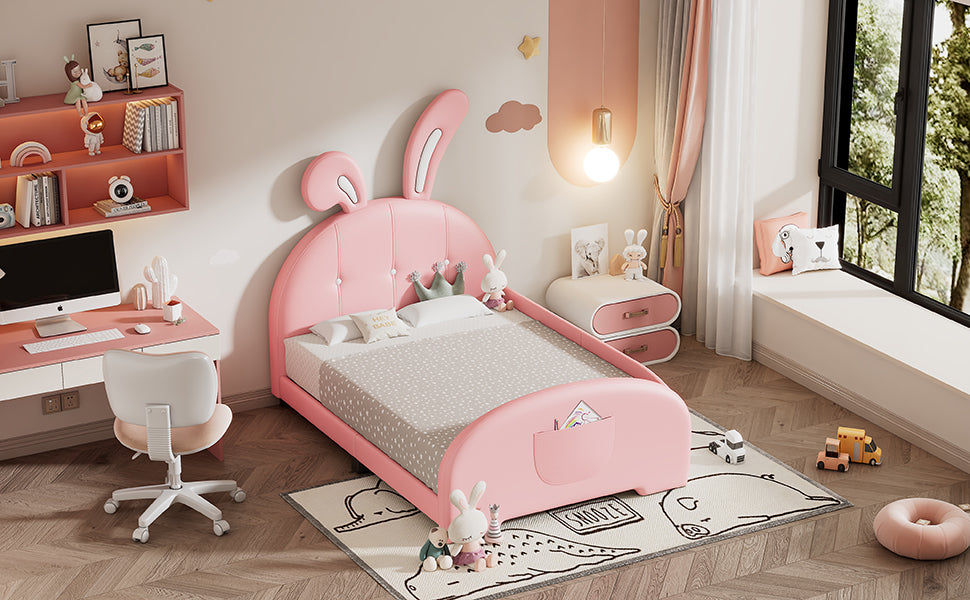 Twin Size Upholstered Rabbit Shape Princess Bed ,Twin Size Platform Bed With Headboard And Footboard,Pink Pink Pu