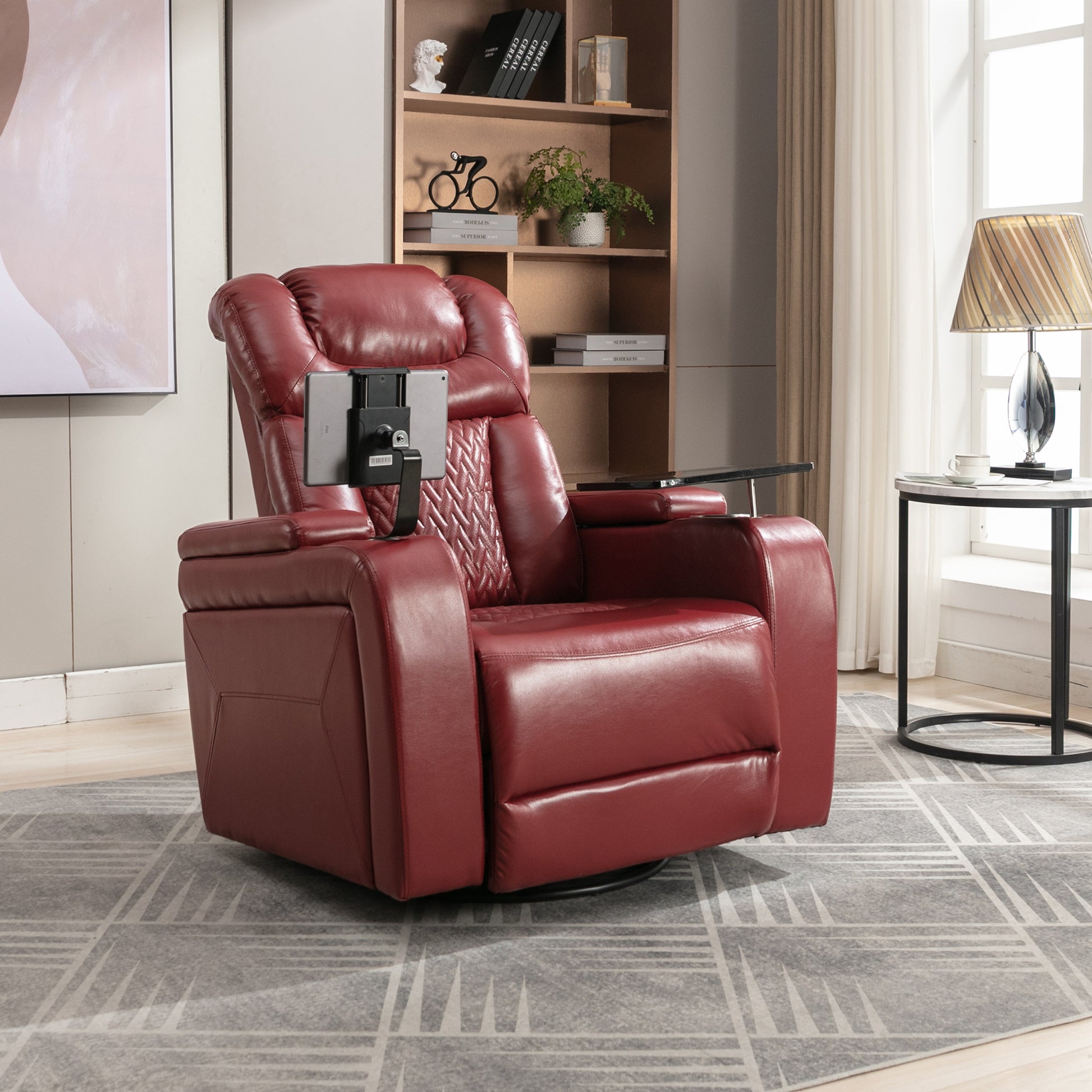 270 Degree Swivel Pu Leather Power Recliner Individual Seat Home Theater Recliner With Comforable Backrest, Tray Table, Phone Holder, Cup Holder, Usb Port, Hidden Arm Storage For Living Room, Red Red Foam Pu Leather