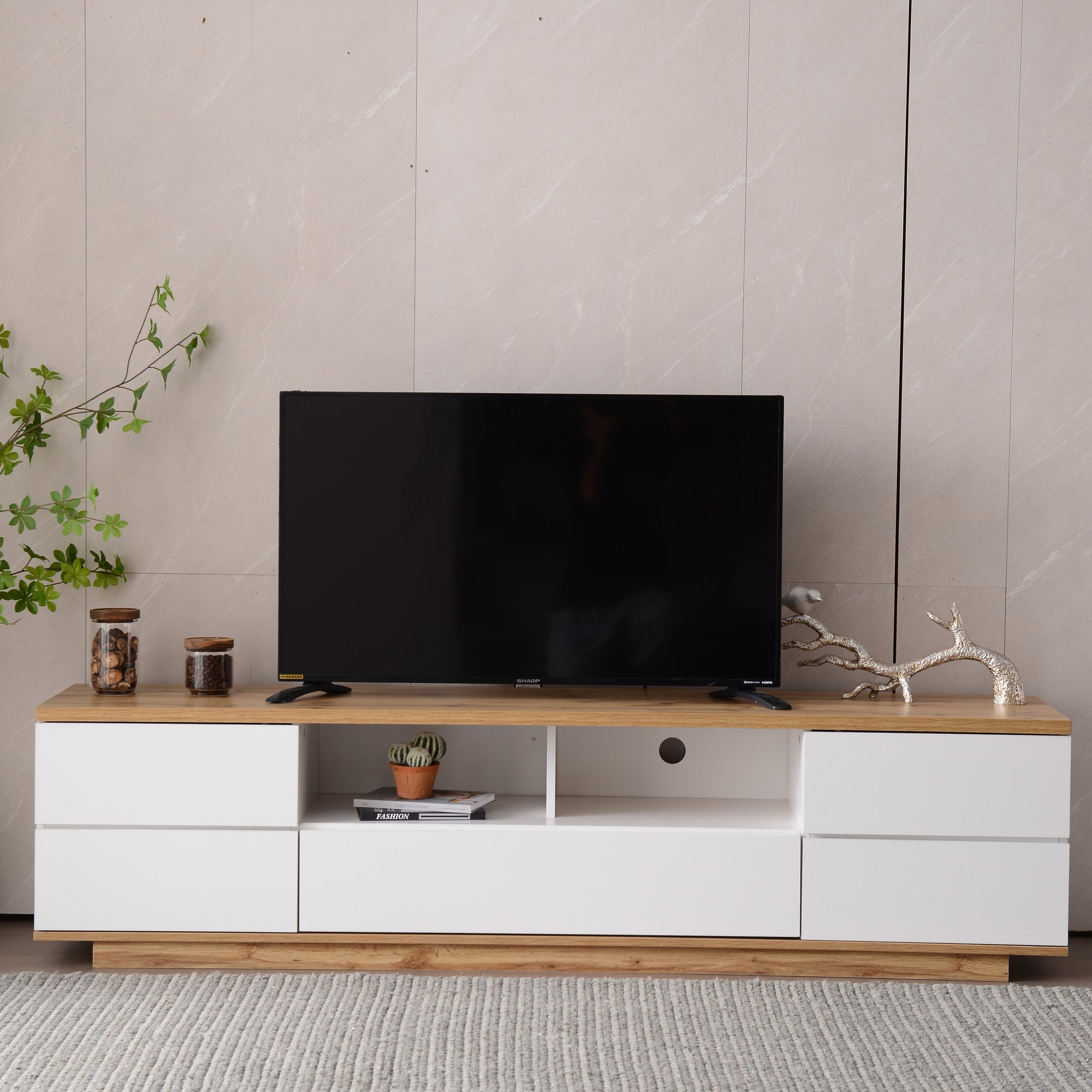 Modern Tv Stand For Tvs Up To 80''Media Console With Multi Functional Storage, Entertainment Center With Door Rebound Device, Tv Cabinet For Living Room,Bedroom White Natural Primary Living Space 70 79 Inches 70 79 Inches 75 Inches Mdf