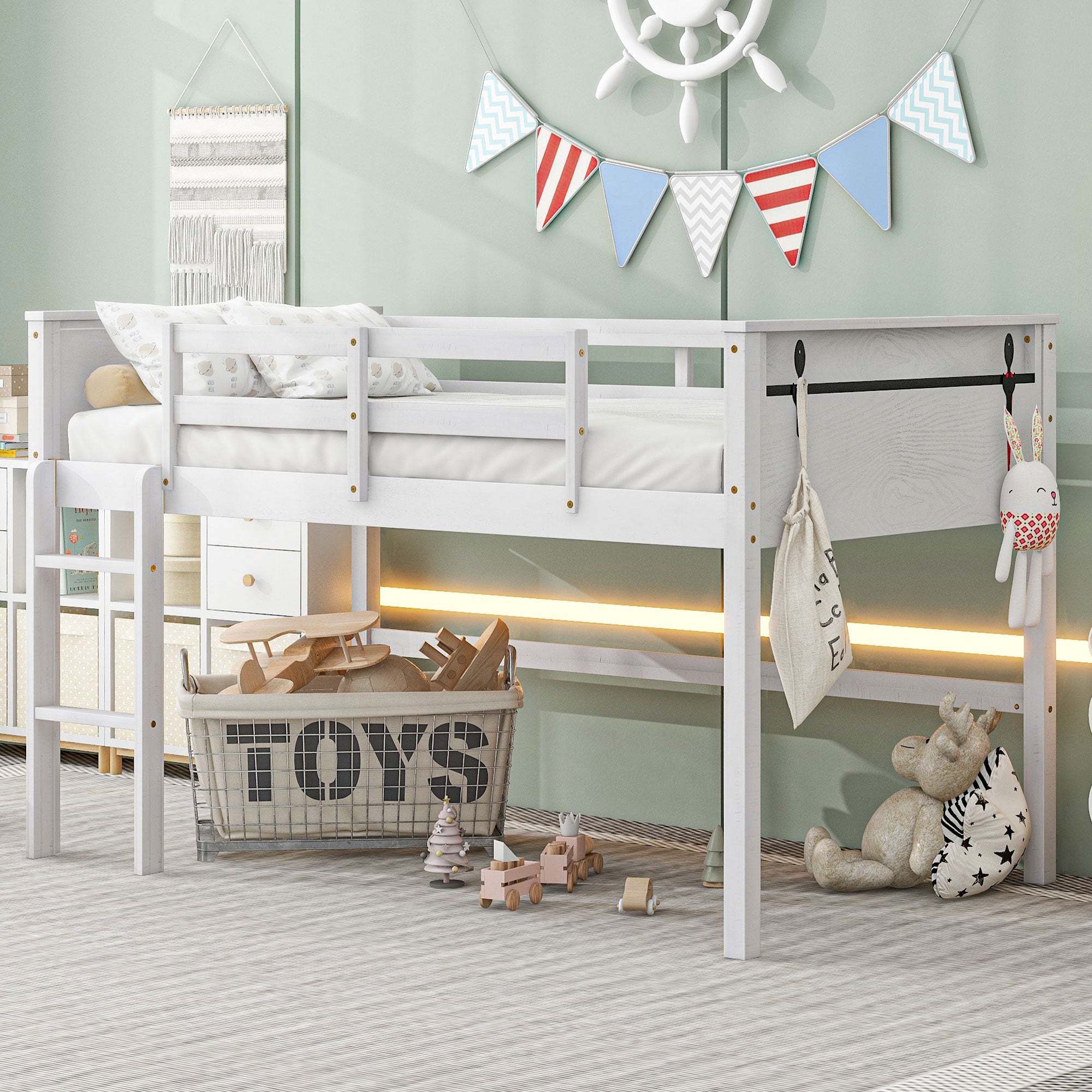 Wood Twin Size Loft Bed With Hanging Clothes Racks, White Box Spring Not Required Twin White Wood Bedroom Solid Wood Mdf