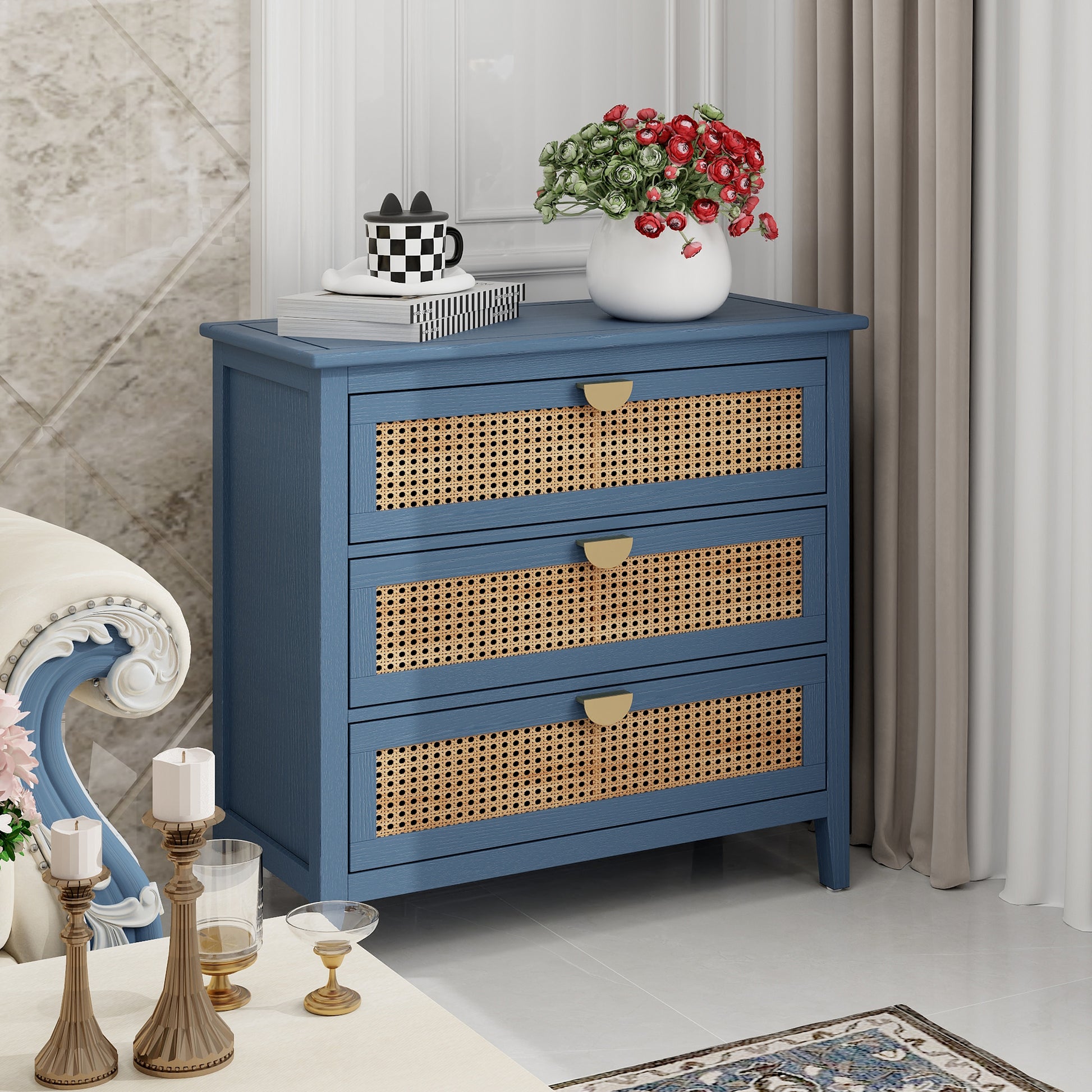 3 Drawer Cabinet,Natural Rattan,American Furniture,Suitable For Bedroom, Living Room, Study Blue Mdf