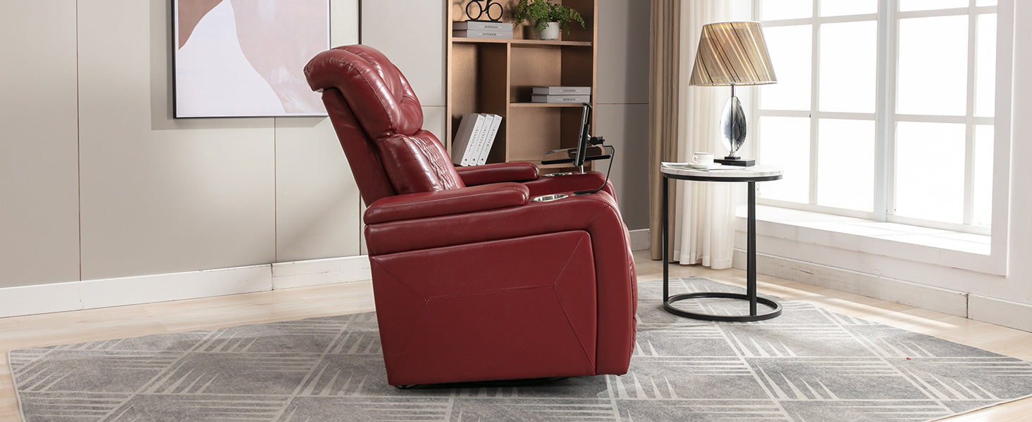 270 Degree Swivel Pu Leather Power Recliner Individual Seat Home Theater Recliner With Comforable Backrest, Tray Table, Phone Holder, Cup Holder, Usb Port, Hidden Arm Storage For Living Room, Red Red Foam Pu Leather