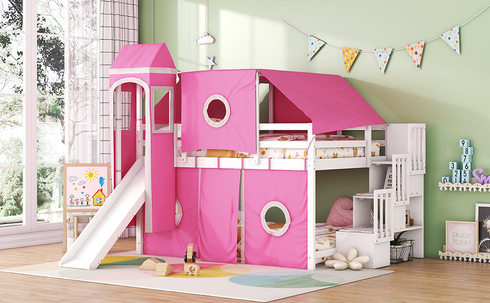 Full Size Loft Bed With Tent And Tower Pink Pink Solid Wood