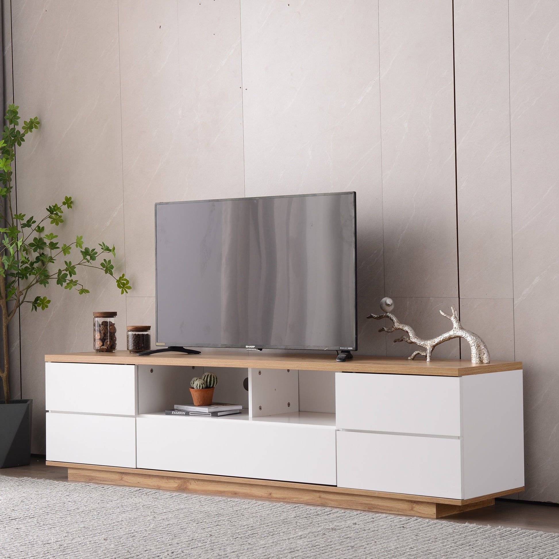 Modern Tv Stand For Tvs Up To 80''Media Console With Multi Functional Storage, Entertainment Center With Door Rebound Device, Tv Cabinet For Living Room,Bedroom White Natural Primary Living Space 70 79 Inches 70 79 Inches 75 Inches Mdf