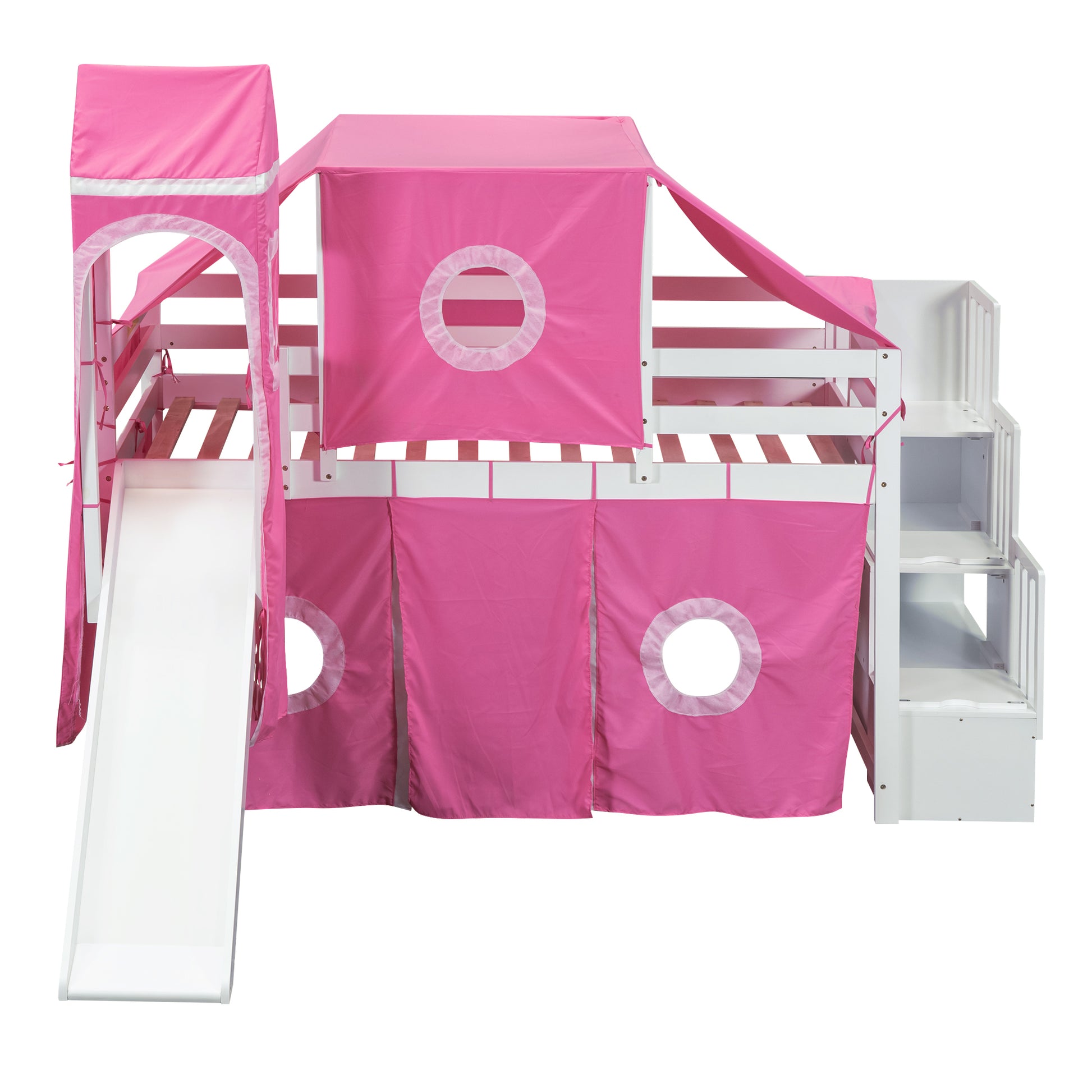 Twin Size Loft Bed With Tent And Tower Pink Pink Solid Wood