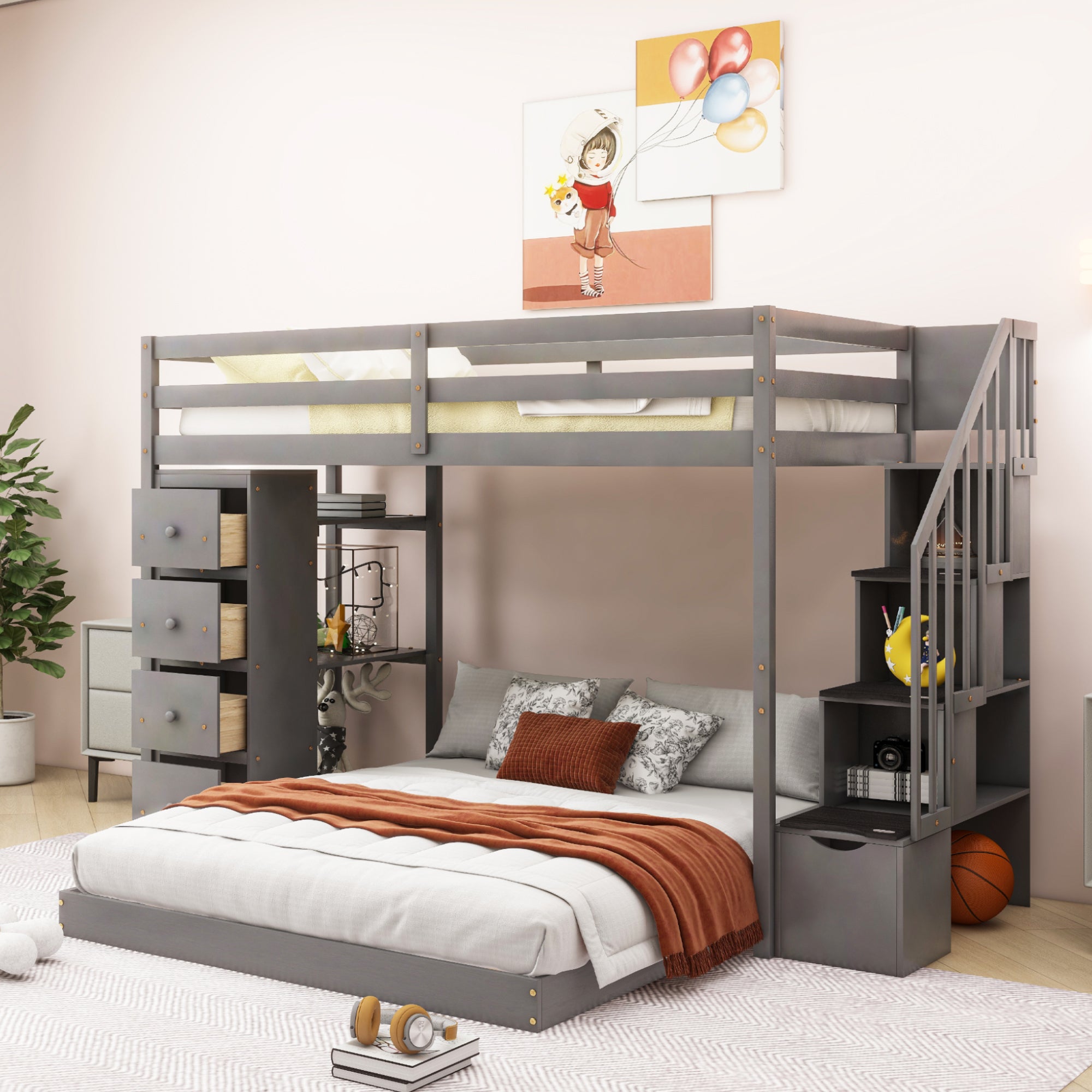 Twin Over Full Bunk Bed With 3 Layer Shelves, Drawers And Storage Stairs, Gray Gray Solid Wood Mdf