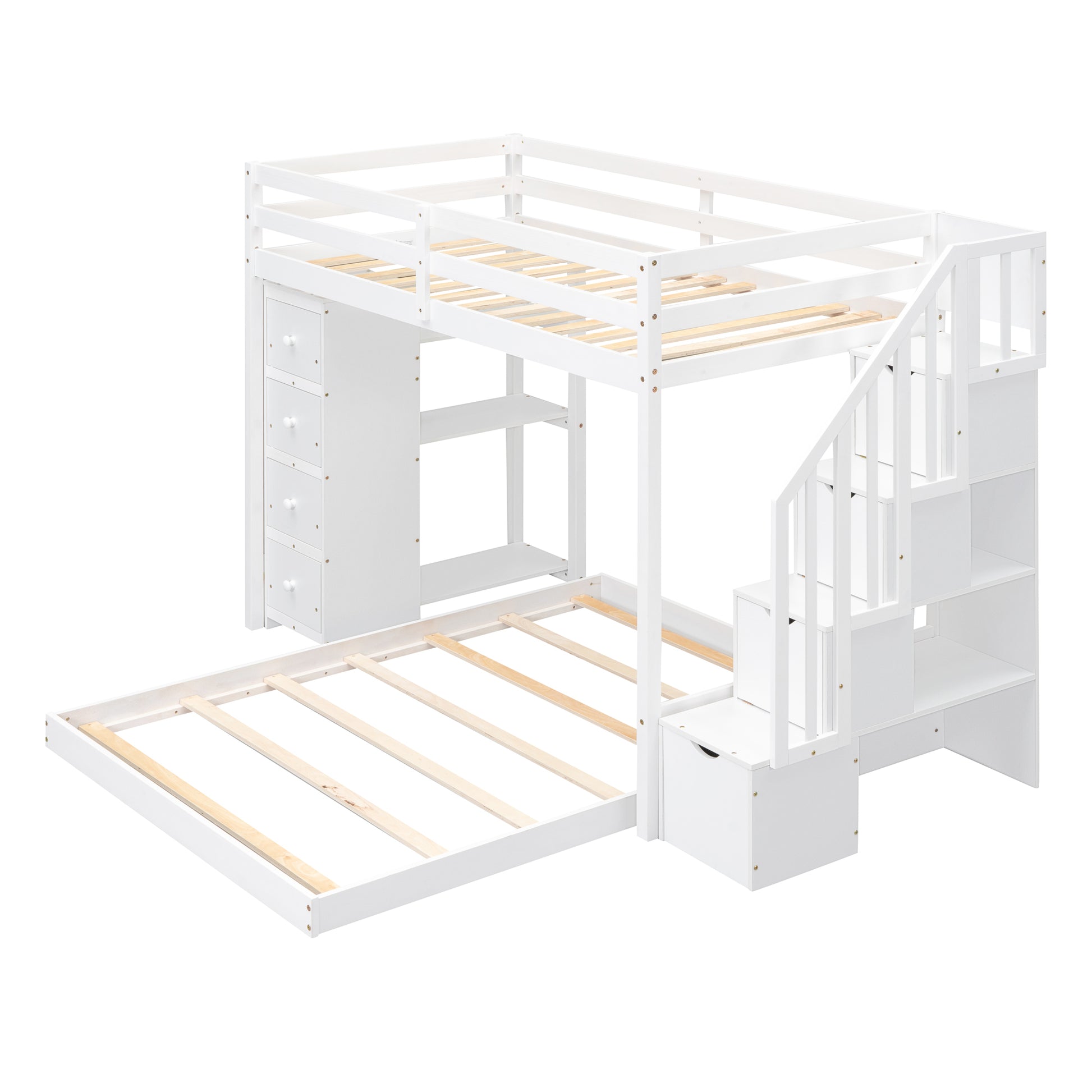 Twin Over Full Bunk Bed With 3 Layer Shelves, Drawers And Storage Stairs, White White Solid Wood Mdf