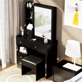 Small Space Left Drawer Desktop Vanity Table Cushioned Stool, Extra Large Right Sliding Mirror, Multi Layer High Capacity Storage, Practical Fashionable Dresser, Suitable For Girls Up To 5.6Ft Tall Black Mdf