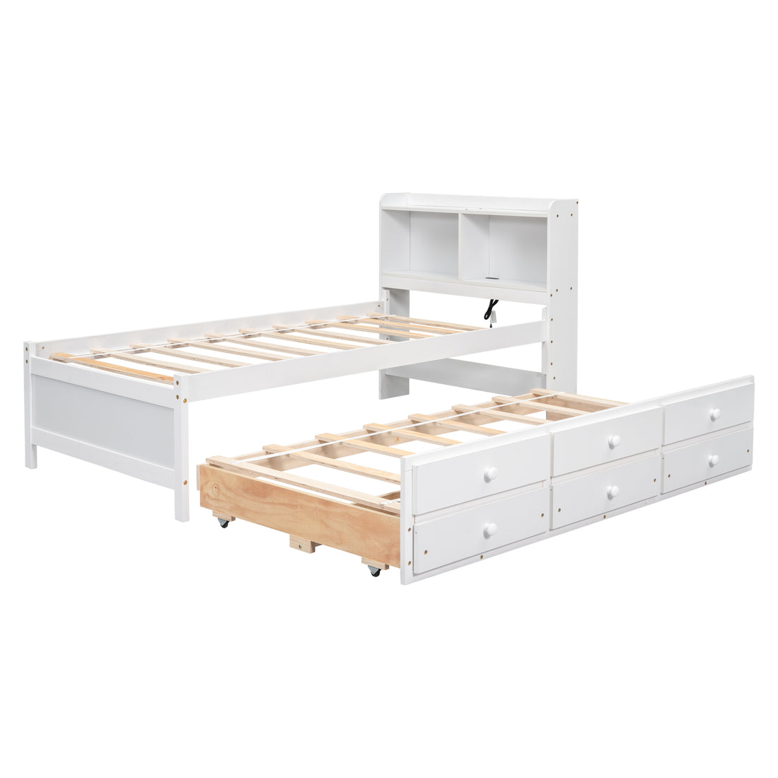 Twin Size Bed With Built In Usb ,Type C Ports, Led Light, Bookcase Headboard, Trundle And 3 Storage Drawers, Twin Size Bed With Bookcase Headboard, Trundle And Storage Drawers ,White Twin White American Design Pine