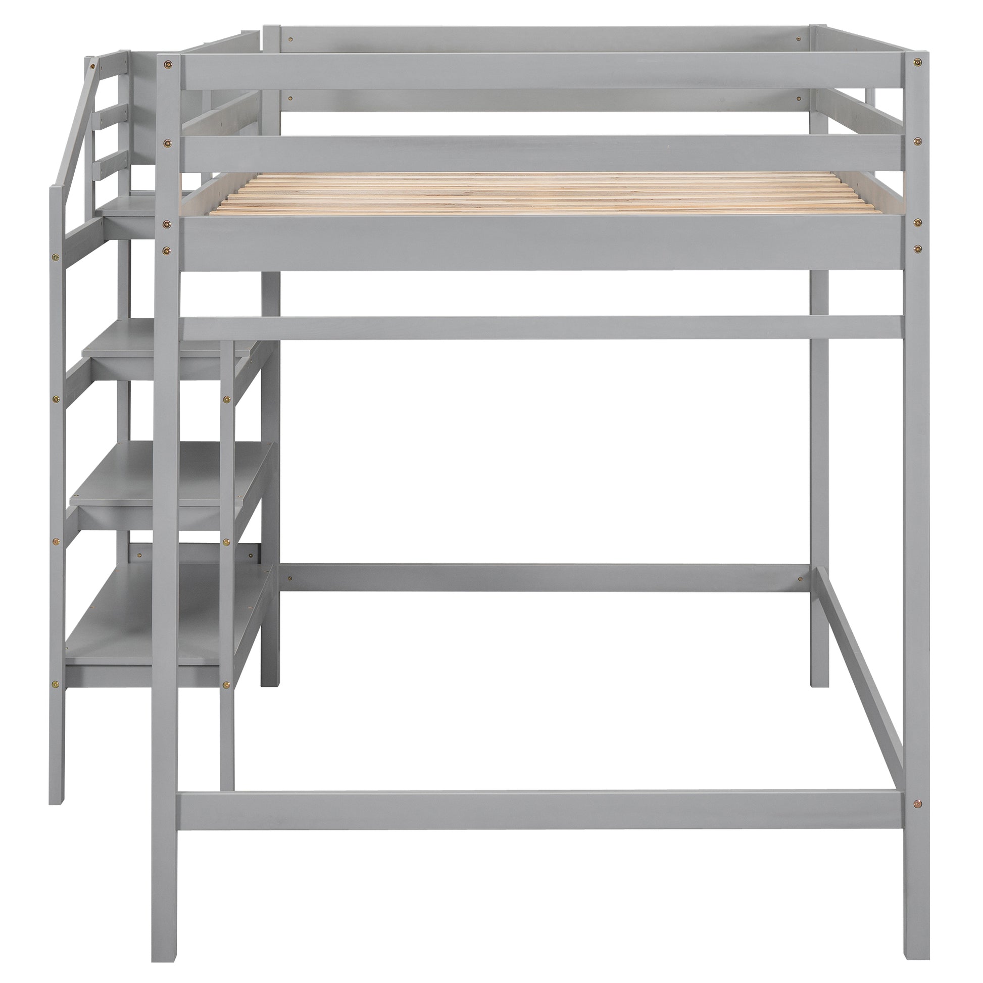 Full Size Loft Bed With Built In Storage Staircase And Hanger For Clothes, Gray Box Spring Not Required Full Gray Wood Bedroom Pine