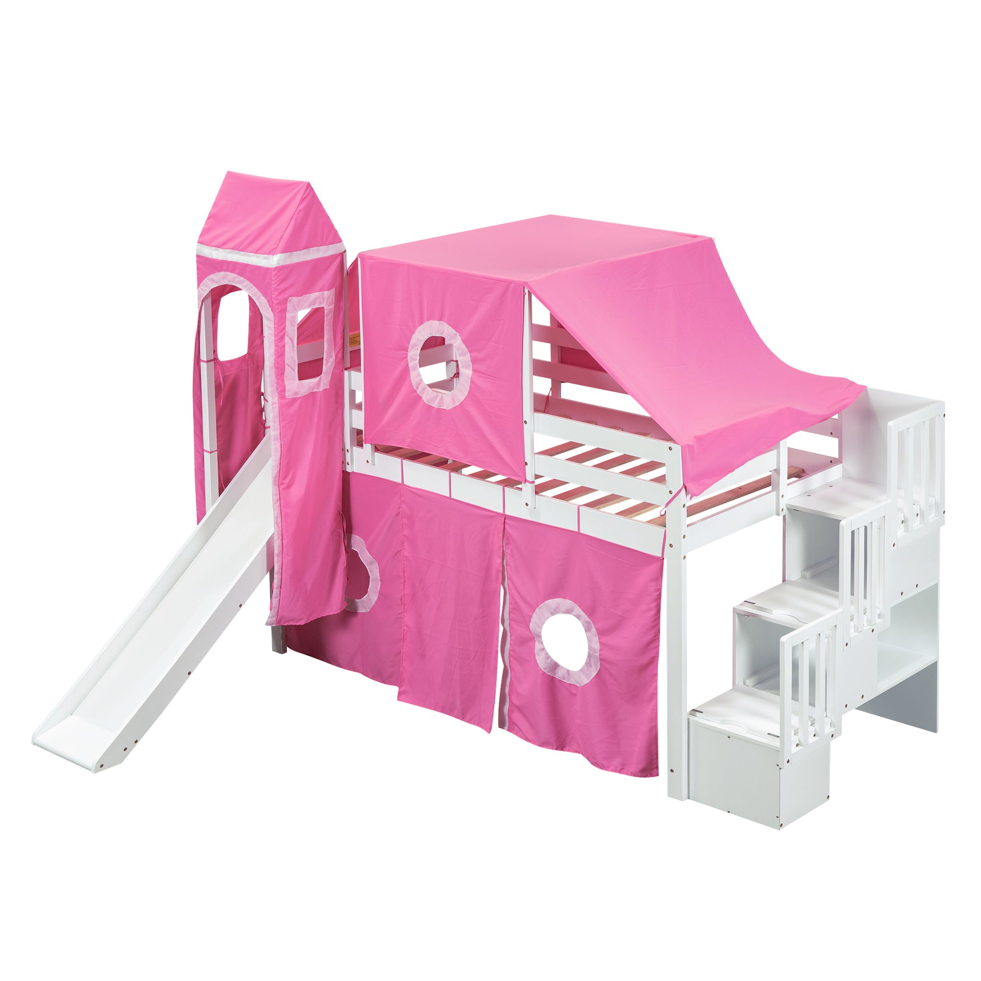 Twin Size Loft Bed With Tent And Tower Pink Pink Solid Wood