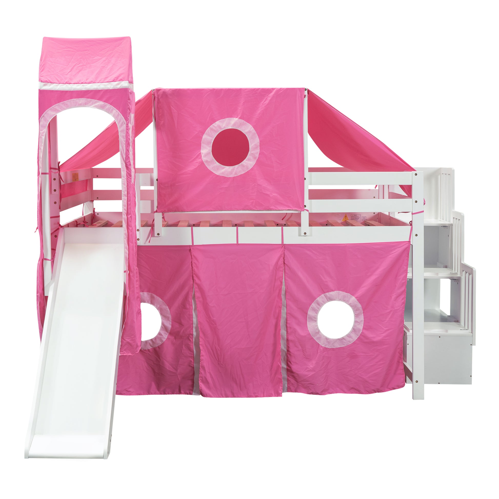 Full Size Loft Bed With Tent And Tower Pink Pink Solid Wood