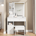 Small Space Left Drawer Desktop Vanity Table Cushioned Stool, Extra Large Right Sliding Mirror, Multi Layer High Capacity Storage, Practical Fashionable Dresser, Suitable For Girls Up To 5.6Ft Tall White Mdf