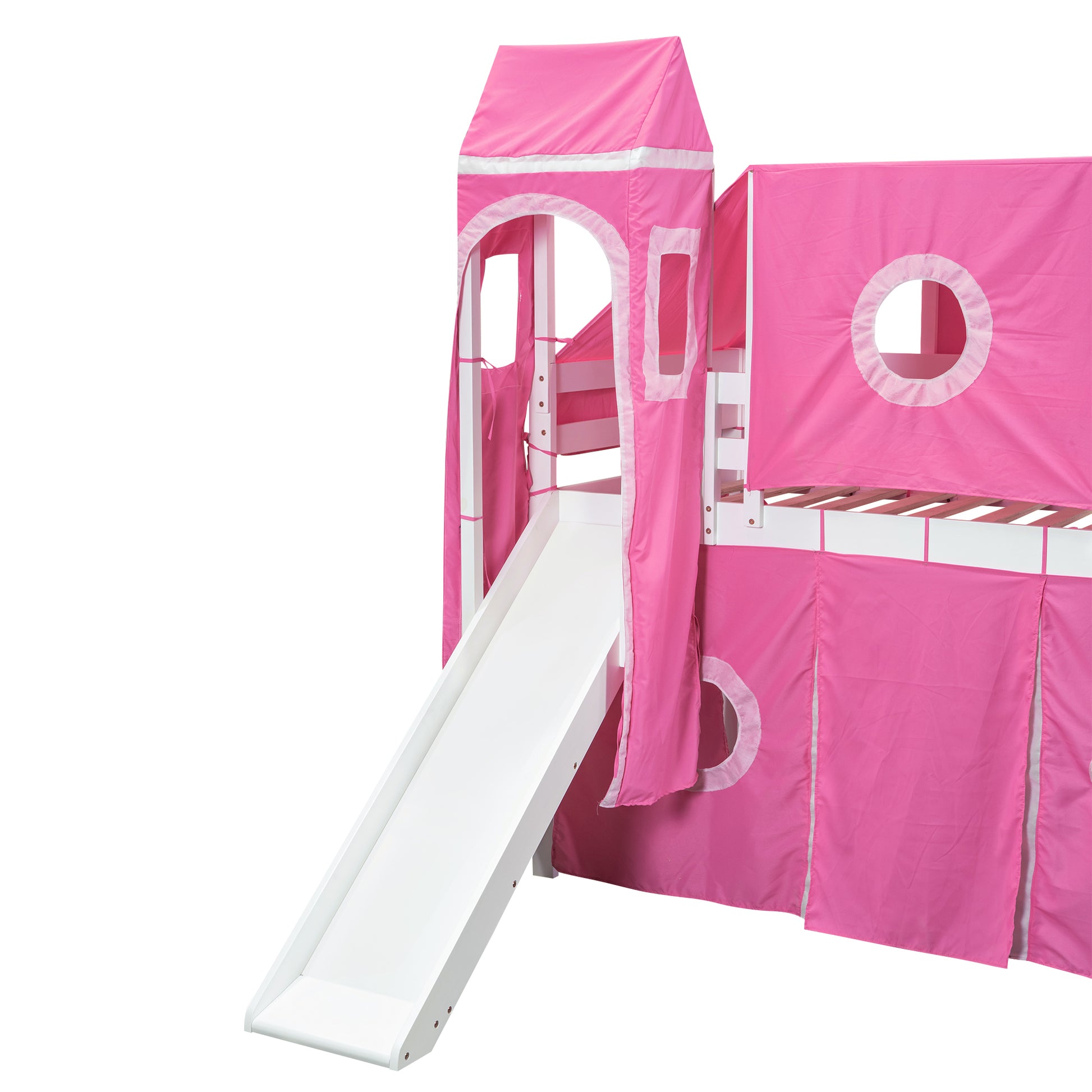 Twin Size Loft Bed With Tent And Tower Pink Pink Solid Wood