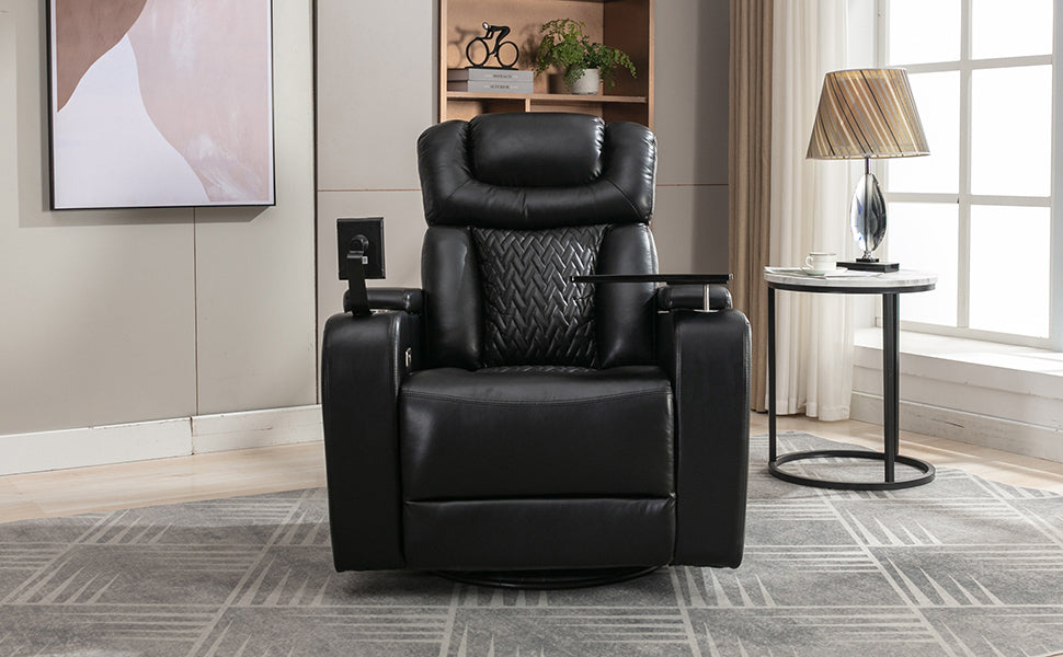 270 Degree Swivel Pu Leather Power Recliner Individual Seat Home Theater Recliner With Comforable Backrest, Tray Table, Phone Holder, Cup Holder, Usb Port, Hidden Arm Storage For Living Room, Black Black Foam Pu Leather