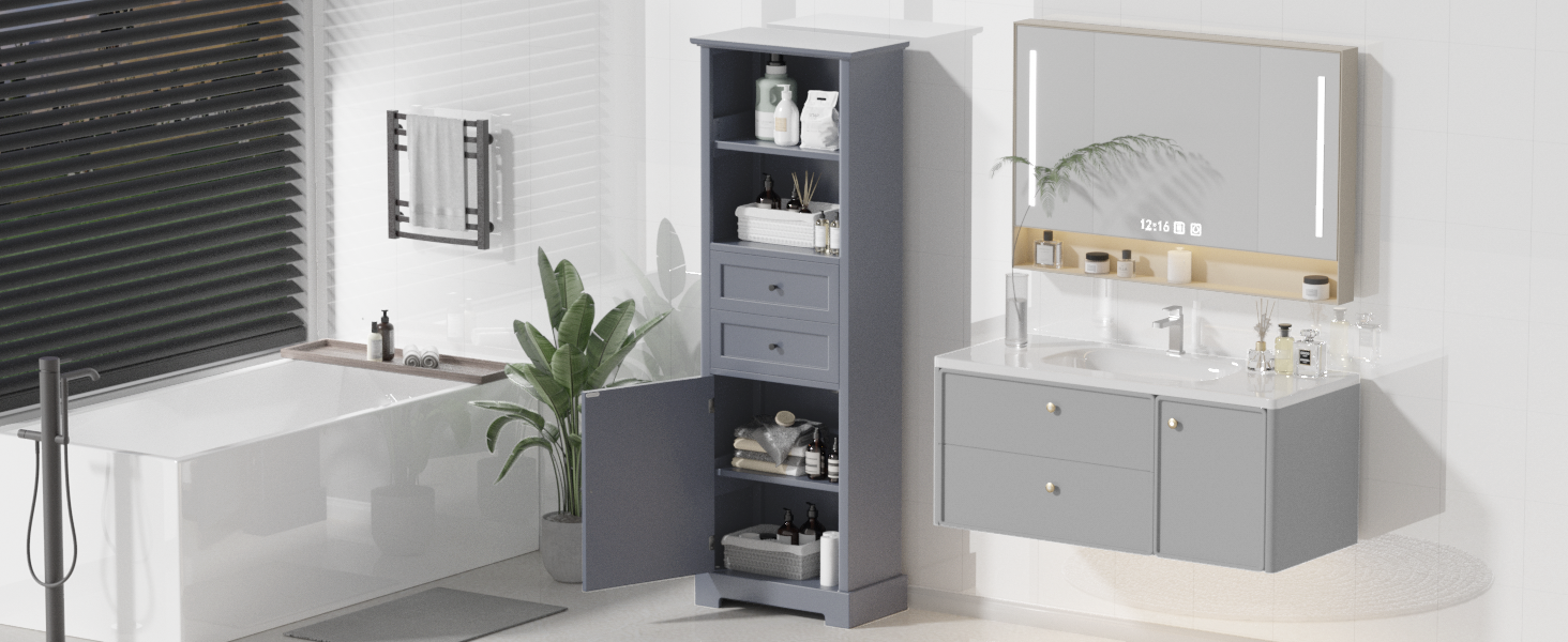 Bathroom Storage Cabinet, Tall Storage Cabinet With Two Drawers, Open Storage, Adjustable Shelf, Grey Grey Mdf