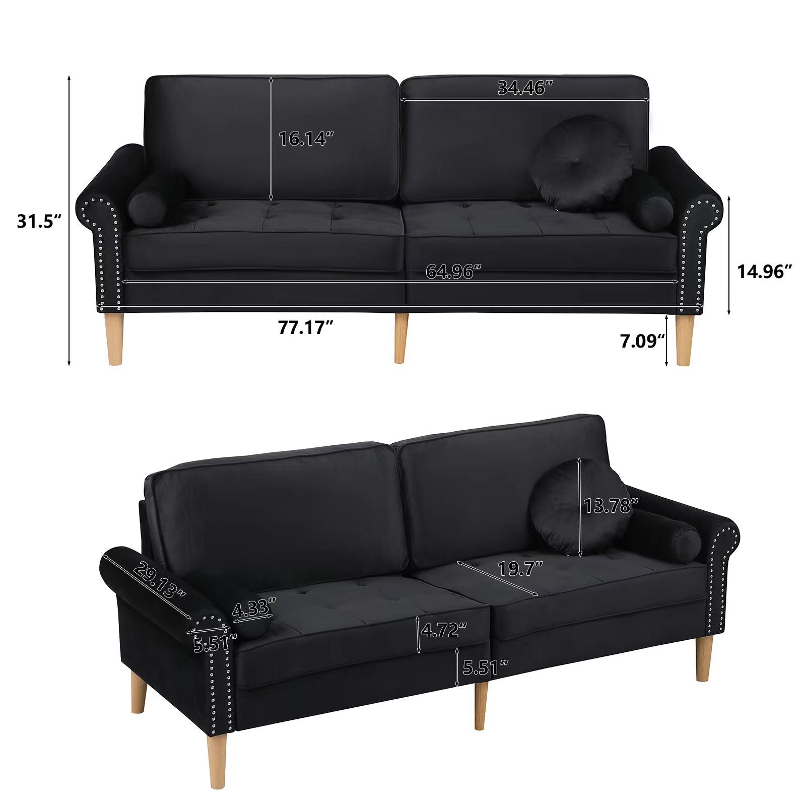 Living Room Sofa,3 Seater Sofawith Copper Nail On Arms ,Three Pillow,Black Black Velvet