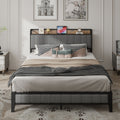 Full Size Bed Frame With Charging Station, Upholstered Headboard, Metal Platform, Grey Box Spring Not Required Full Dark Gray Metal Bedroom Bed Frame Upholstered Linen Metal