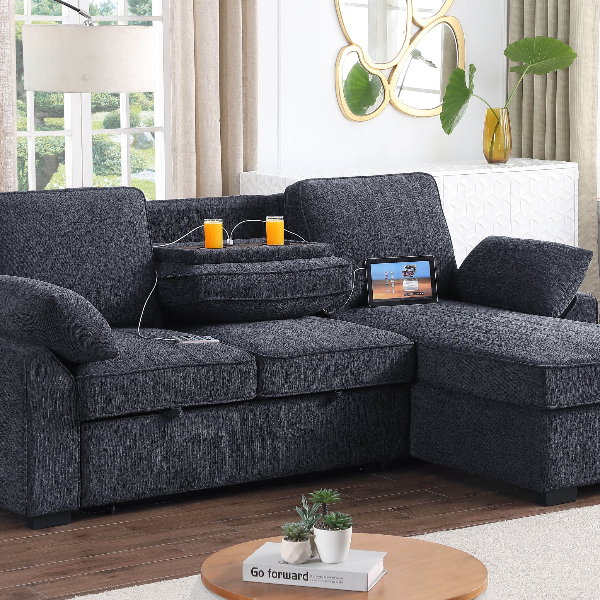 Mackenzie 91" Dark Gray Chenille Fabric Reversible Sleeper Sectional With Right Facing Storage Chaise, Drop Down Table, Cup Holders And Charging Ports Dark Gray Chenille 3 Seat