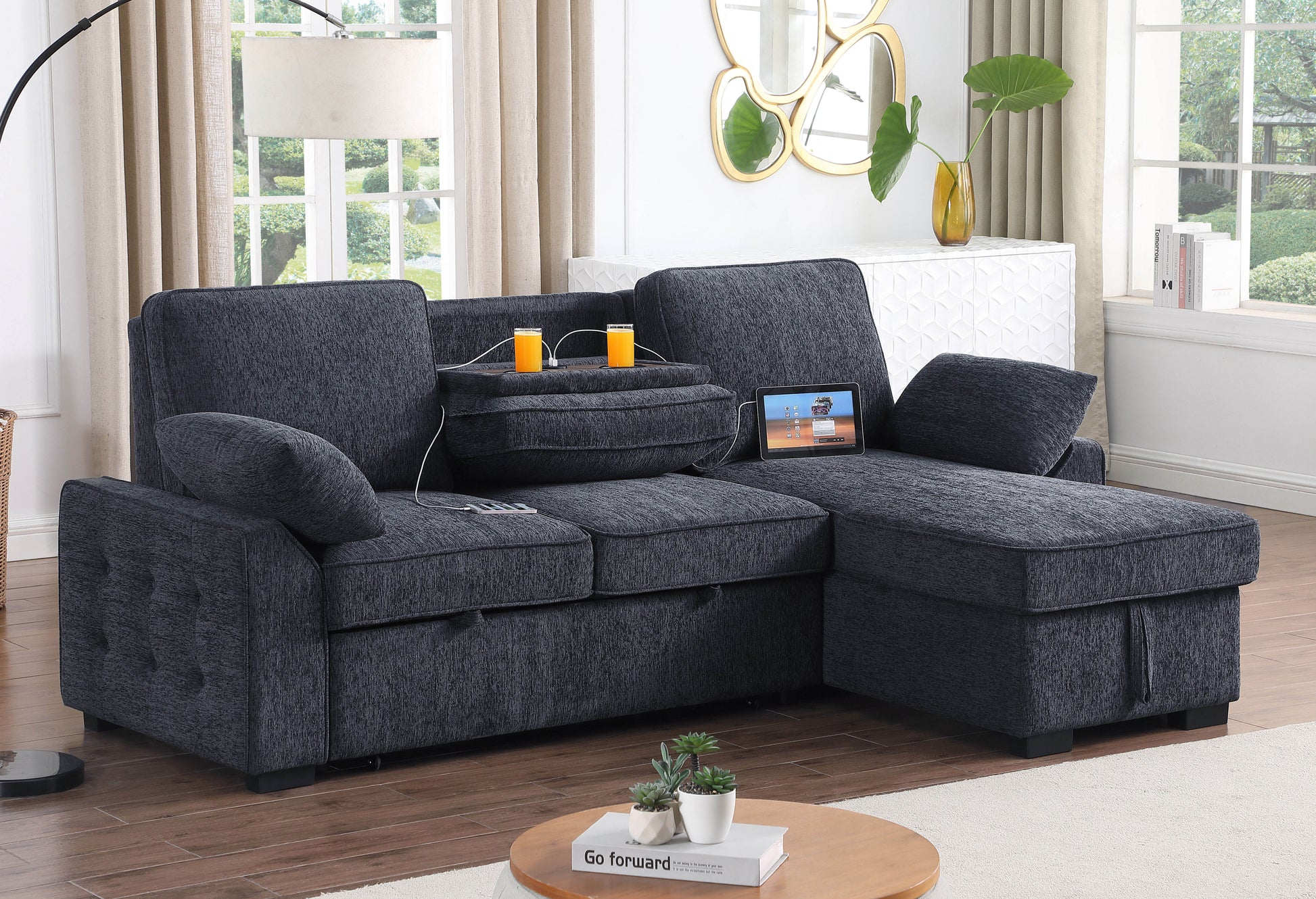 Mackenzie 91" Dark Gray Chenille Fabric Reversible Sleeper Sectional With Right Facing Storage Chaise, Drop Down Table, Cup Holders And Charging Ports Dark Gray Chenille 3 Seat