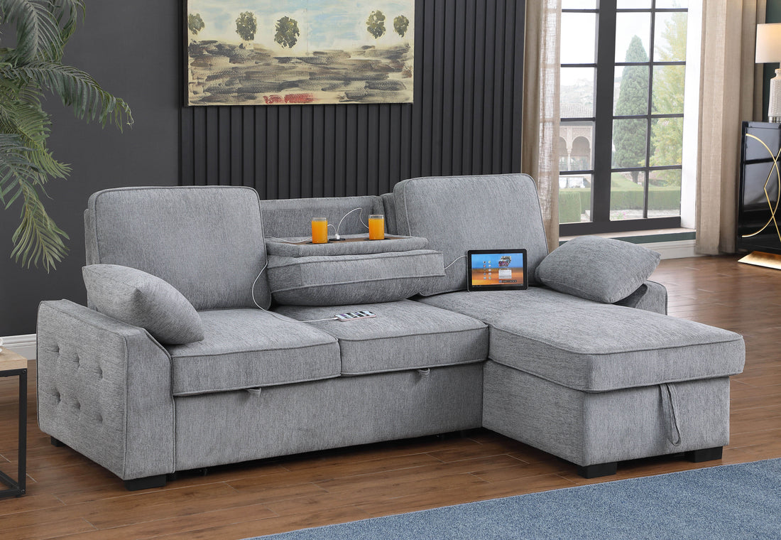 Mackenzie 91"W Light Gray Chenille Fabric Sleeper Sectional With Right Facing Storage Chaise, Drop Down Table, Cup Holders And Charging Ports Light Gray Chenille 3 Seat