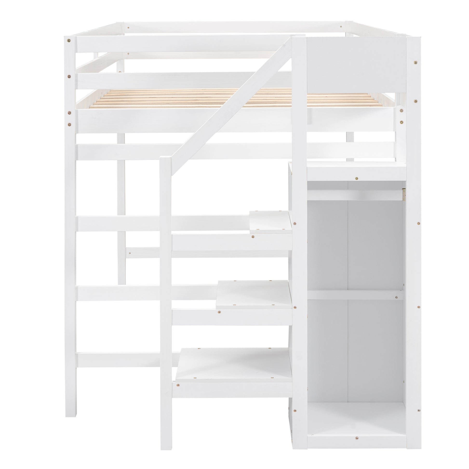 Full Size Loft Bed With Built In Storage Wardrobe And Staircase, White Old Sku:Sm000527Aak Box Spring Not Required Full White Wood Bedroom Pine