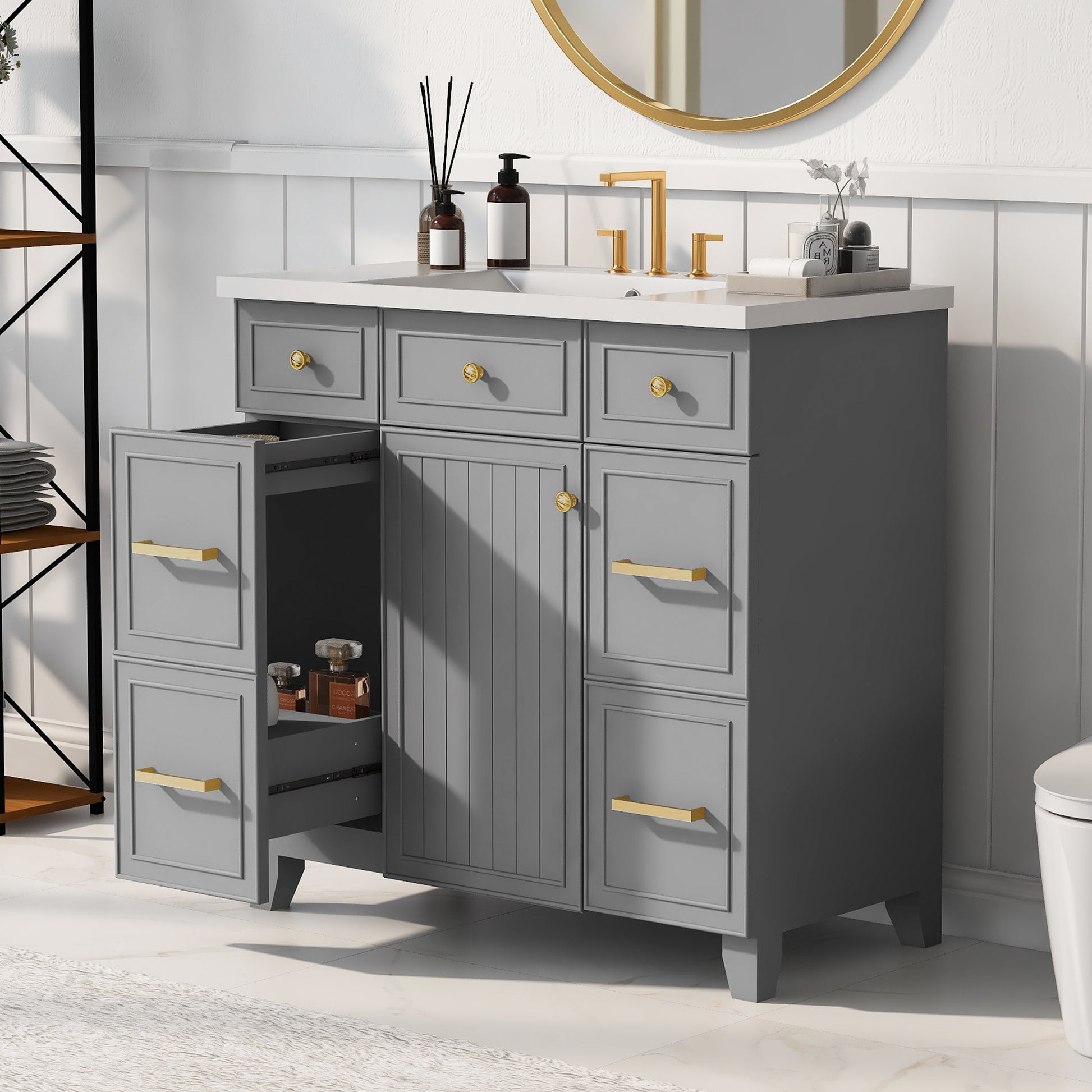 36" Bathroom Vanity Cabinet With Sink Top Combo Set, Grey, Single Sink, Shaker Cabinet With Soft Closing Door And Drawer Gray Solid Wood Mdf Resin