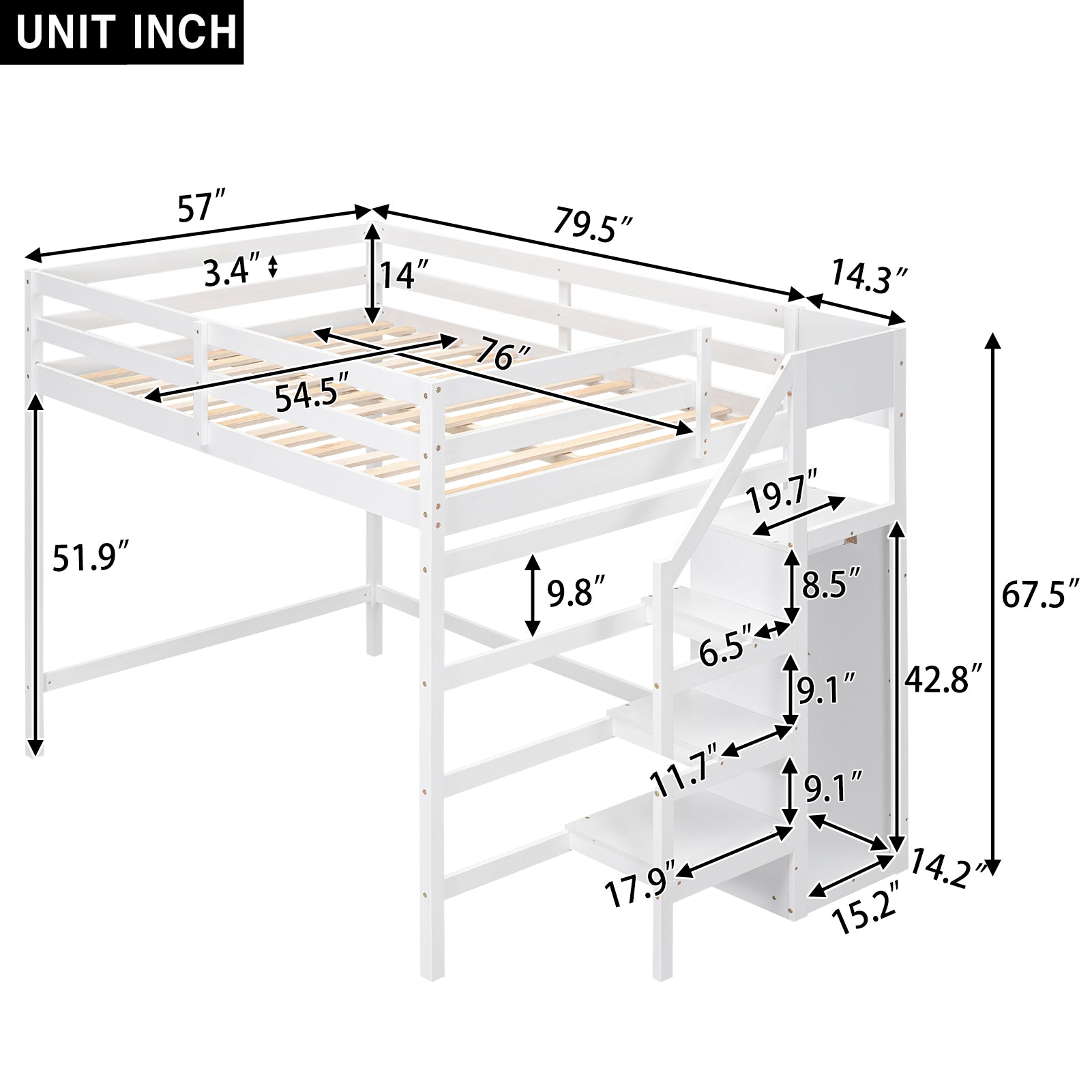 Full Size Loft Bed With Built In Storage Wardrobe And Staircase, White Old Sku:Sm000527Aak Box Spring Not Required Full White Wood Bedroom Pine