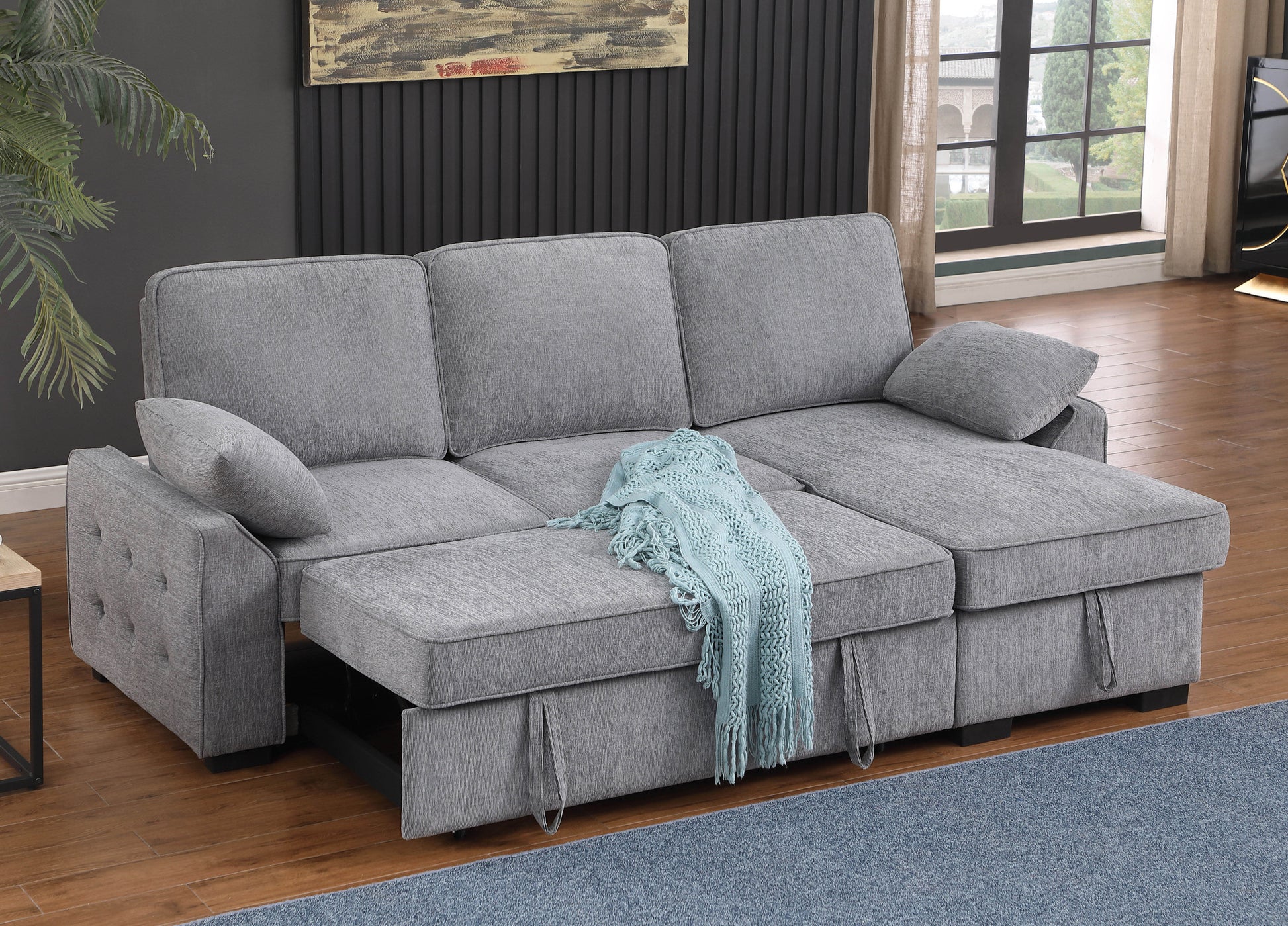 Mackenzie 91"W Light Gray Chenille Fabric Sleeper Sectional With Right Facing Storage Chaise, Drop Down Table, Cup Holders And Charging Ports Light Gray Chenille 3 Seat