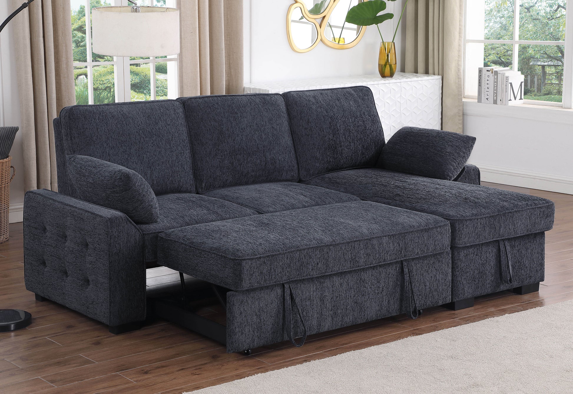 Mackenzie 91" Dark Gray Chenille Fabric Reversible Sleeper Sectional With Right Facing Storage Chaise, Drop Down Table, Cup Holders And Charging Ports Dark Gray Chenille 3 Seat